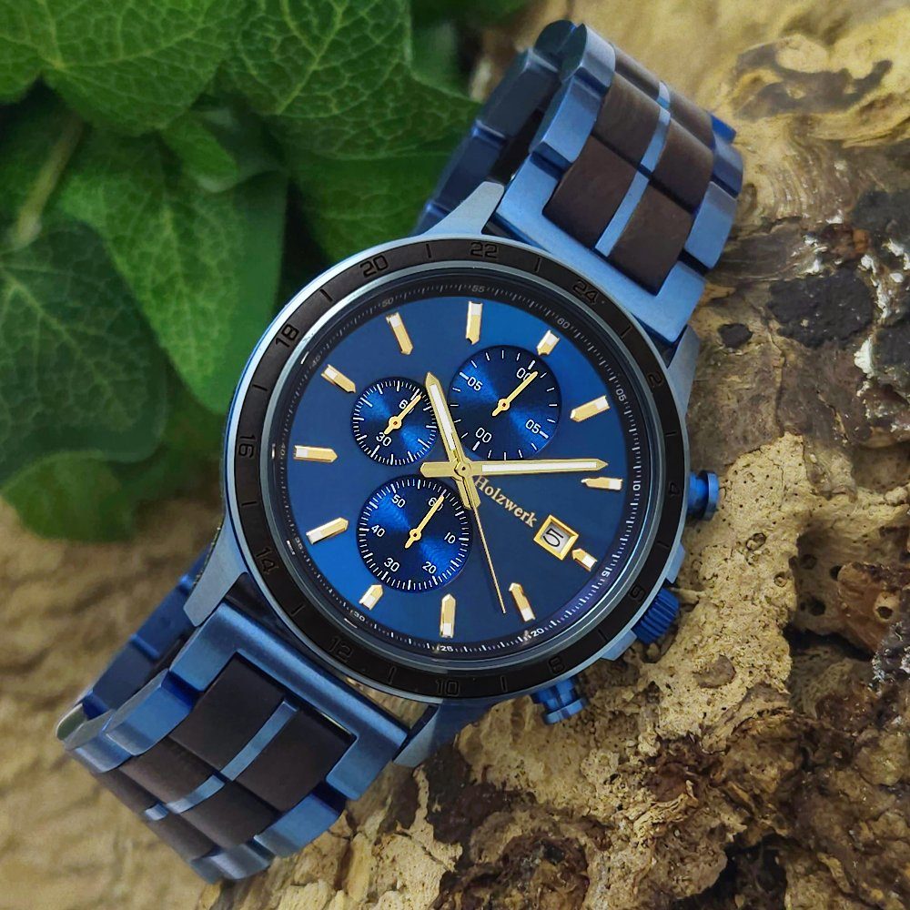 Herren Armband BLAUSTEIN Holzwerk Holz Uhr, gold schwarz, blau, Chronograph