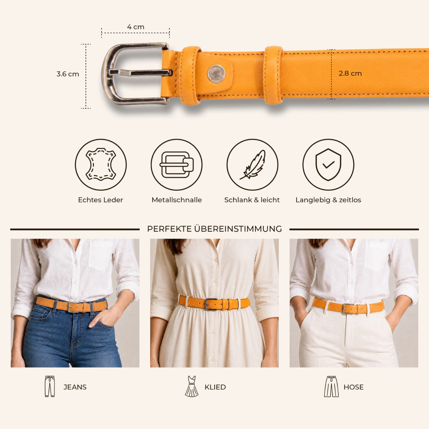 herémood Ledergürtel Gürtel Damen Ledergürtel Jeans & Kleid Geschenke Frauen Accessoires (Gürtel Damen Cognac 100 cm - Premium Ledergürtel - handgefertigt - hochwertig verarbeitet - kürzbar, 1-St., Taillengürtel Damen aus Echtleder, für Mom Jeans Damen & Kleid & Hosen) Damengürtel Leder, Geburtstag Geschenk Frau Jeans, Hosen & Kleidung