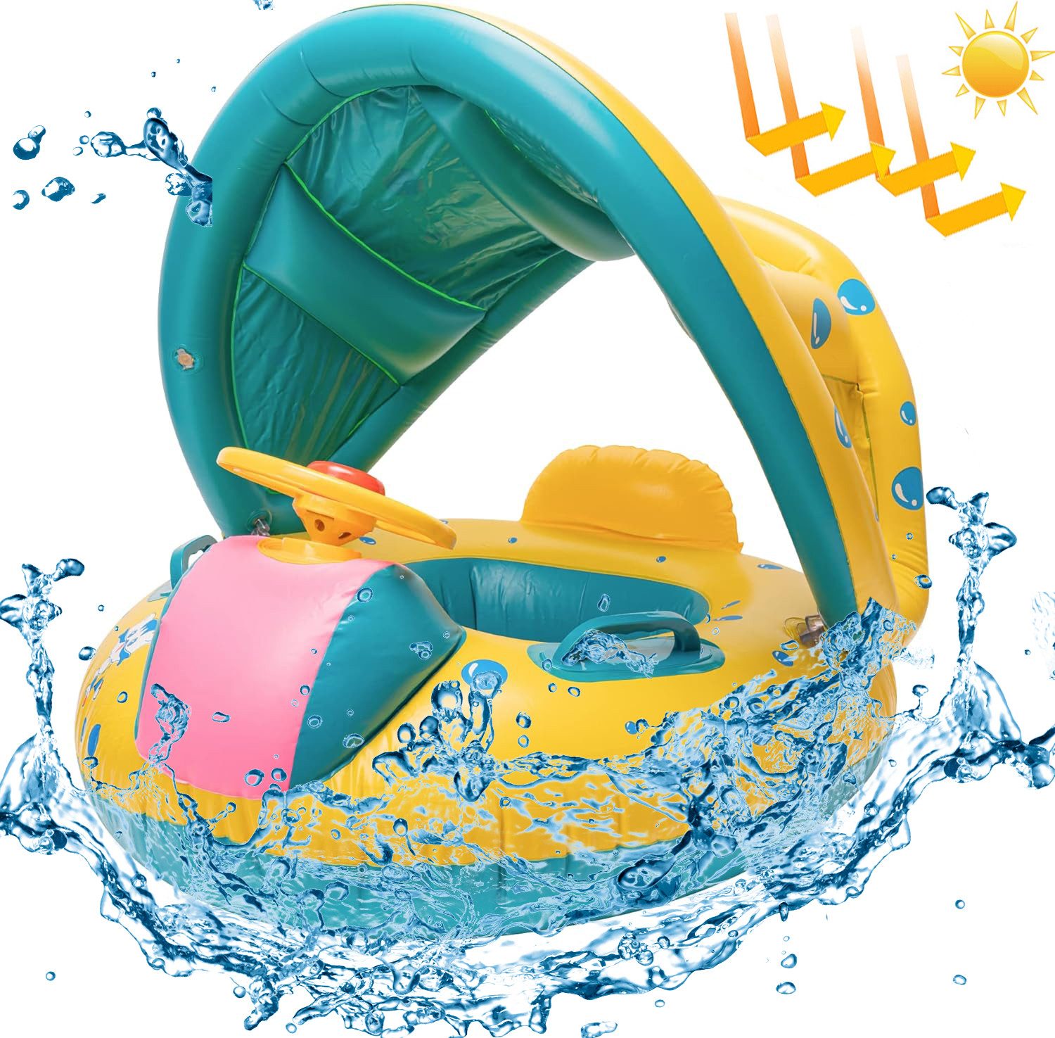 GOOLOO Schwimmsitz Aufblasbarer Schwimmreifen für Kleinkinder Kinderboot Schwimmer (mit Spielkonsole und Sonnenschut, 1-tlg., Tragfähigkeit bis zu 30 kg)