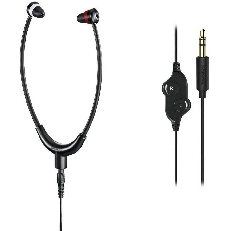 Thomson TV Headset In-Ear mit Kinnbügel, getrennte Lautstärkeregler Kabel 8  m In-Ear-Kopfhörer (leichte Bauweise, einfache Bedienung, Seniorenkopfhörer),  Lautstärke lässt sich praktisch am Kabel regeln