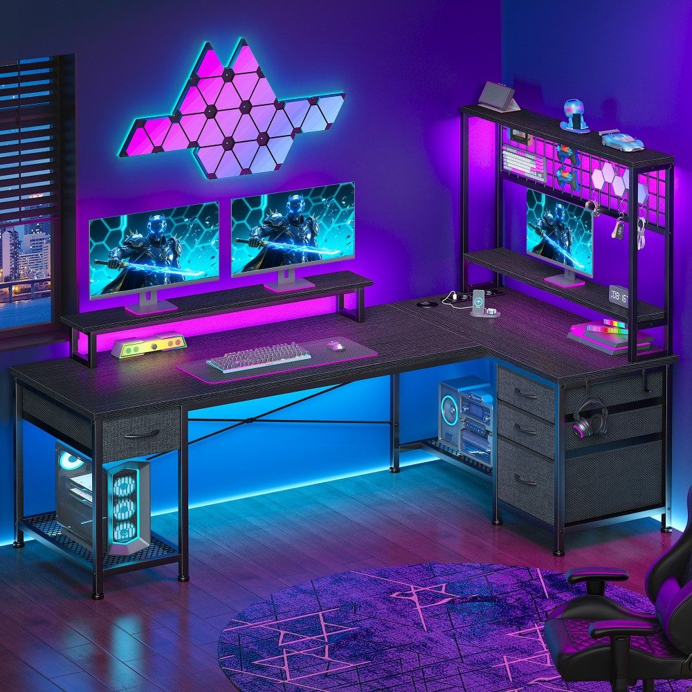 Klyvvo Schreibtisch L Form Gaming Schreibtisch mit Bücherregal für Homeoffice (1-St., Umkehrbar Computertisch mit 4 Schubladen, Monitorständer, LED), USB-Ladeanschluss & Steckdose, Kopfhörerhaken, 140x100×167cm, Schwarz