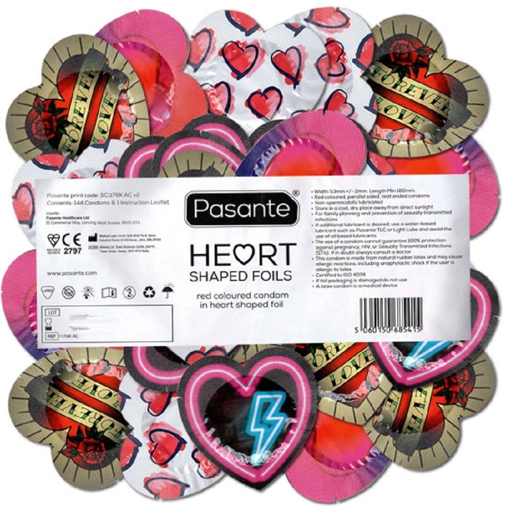 Pasante Kondome Pasante «Hearts» romantische Kondome für Verliebte, in Herz-Folien Packung mit, 144 St., rote Kondome, ideal für Jahrestage, als Geschenk für Männer und Frauen, Vorratspackung, bedruckte Siegelfolien