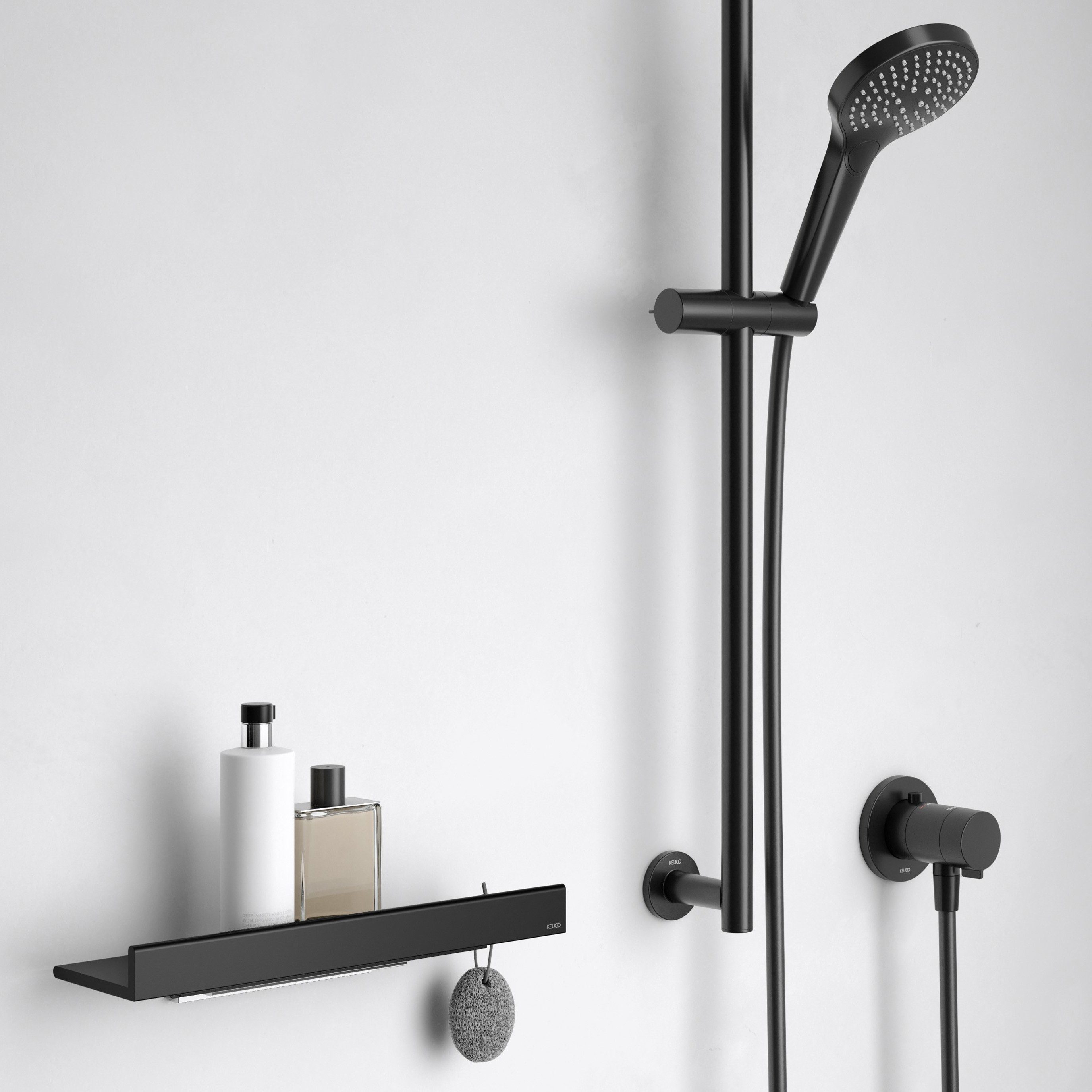 Keuco Duschablage Reva, aus Aluminium, 35 cm, mit Haken, abnehmbar, schwarz matt, Wandmontage