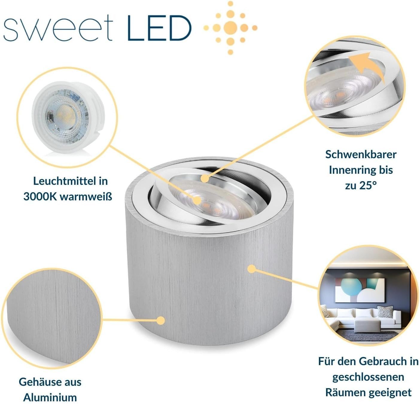 Sweet LED LED Aufbaustrahler 6er Set flache LED Aufbauspots - rund & schwenkbar, 5 W, 230V, LED wechselbar, Warmweiß, LED Deckenlampe, Deckenspot, Deckenstrahler