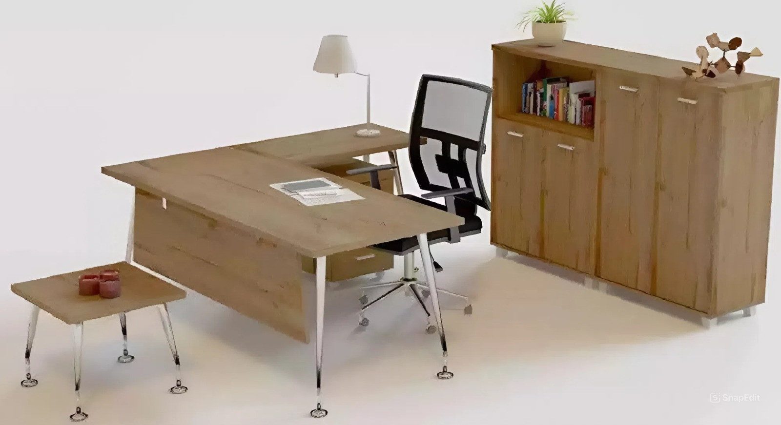 Eckschreibtisch Set aus Schreibtisch Kommode 2 Aktenschränken und Couchtisch