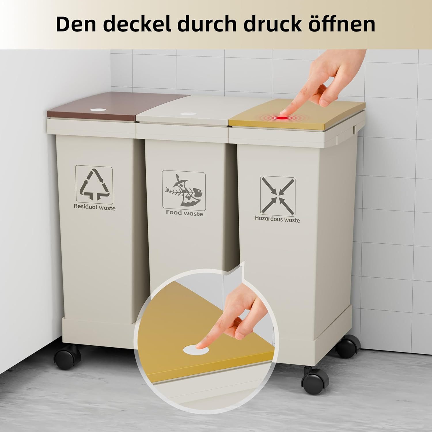 BlingBin Mülleimer 2-teiliges Küchenabfalltrennsystem, 2 x Mülleimer mit Deckel, mit Rollenbasis, Druckschalter, geruchsdicht, aus PP-Kunststoff