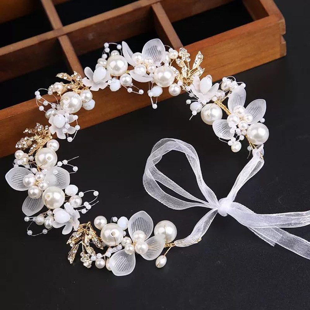 ZEUOPQ Diadem Brautblumen-Haarbänder, Braut-Haarschmuck (Hochzeit Blumenmädchen Kopfschmuck, 1-tlg., Weiße geflochtene Brautschmuckstücke), Haarschmuck für Geburtstagsfeier, Hochzeit