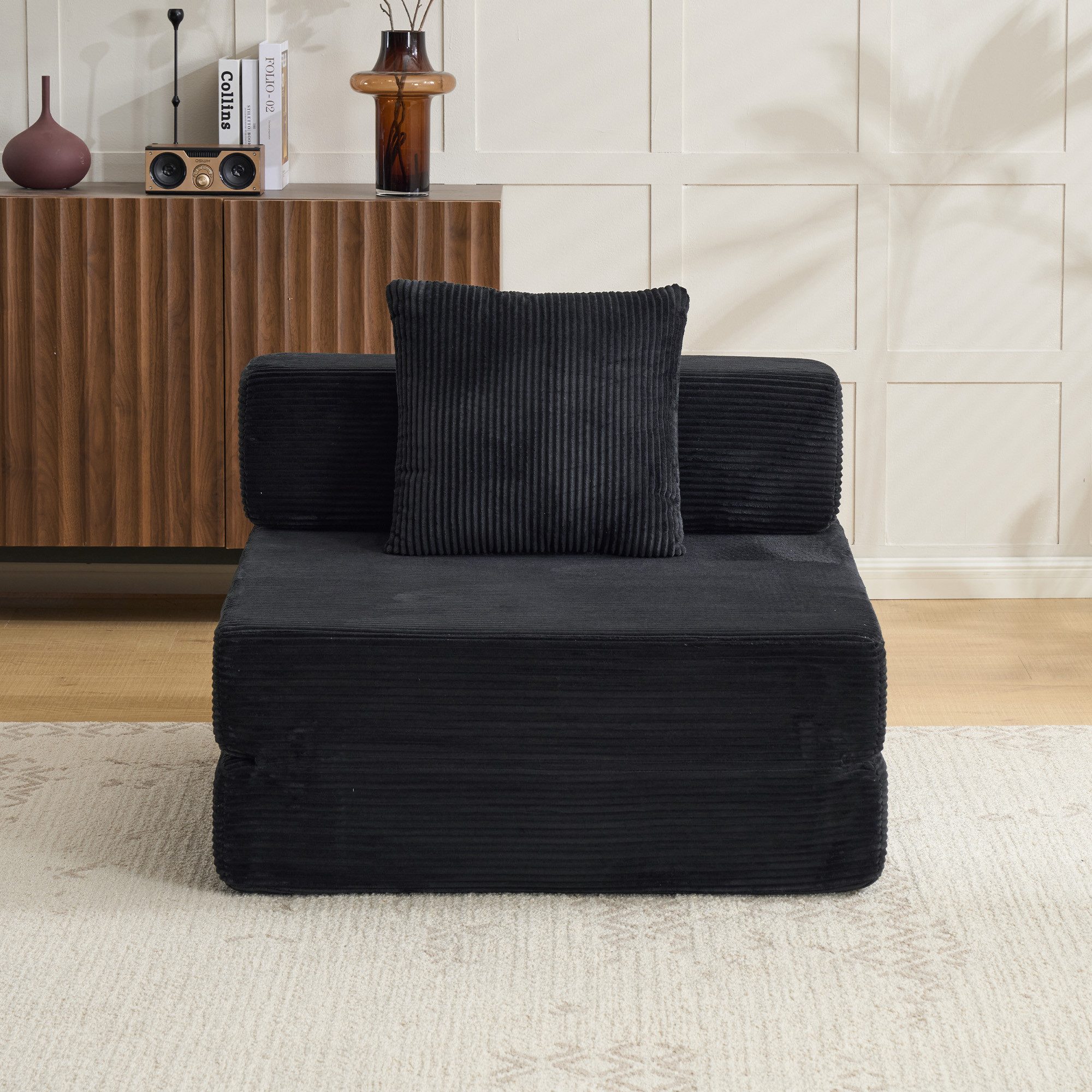 Vankel Loungebett Sofas Wohnzimmer, Sessel mit Schlaffunktion aus Cord faltbar, 1-Sitzer Schlafsessel, platzsparend, bequem und ohne Montage