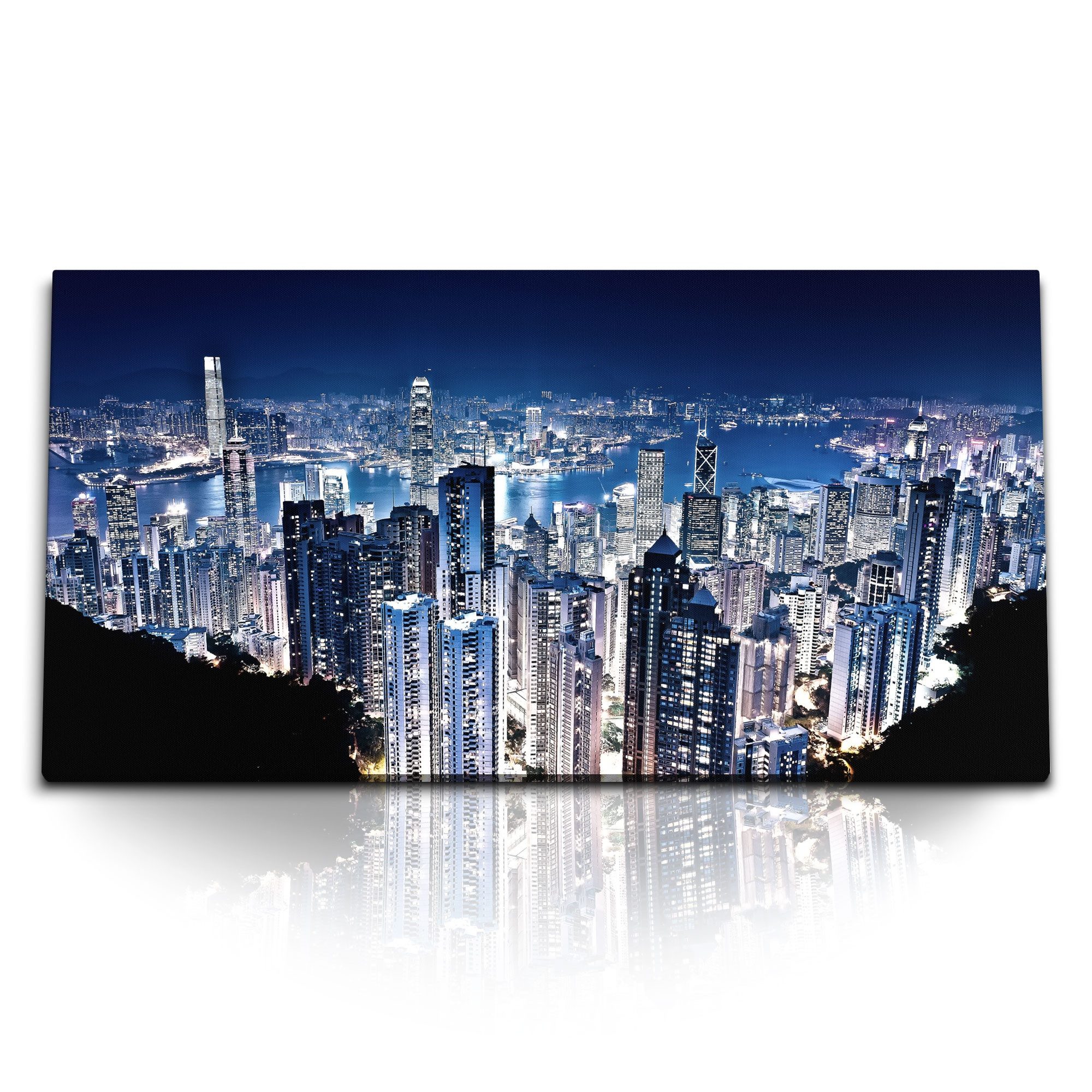 Leinwandbild Kunstdruck Bilder 120x60cm Hongkong bei Nacht Hochhäuser Wolkenkratzer