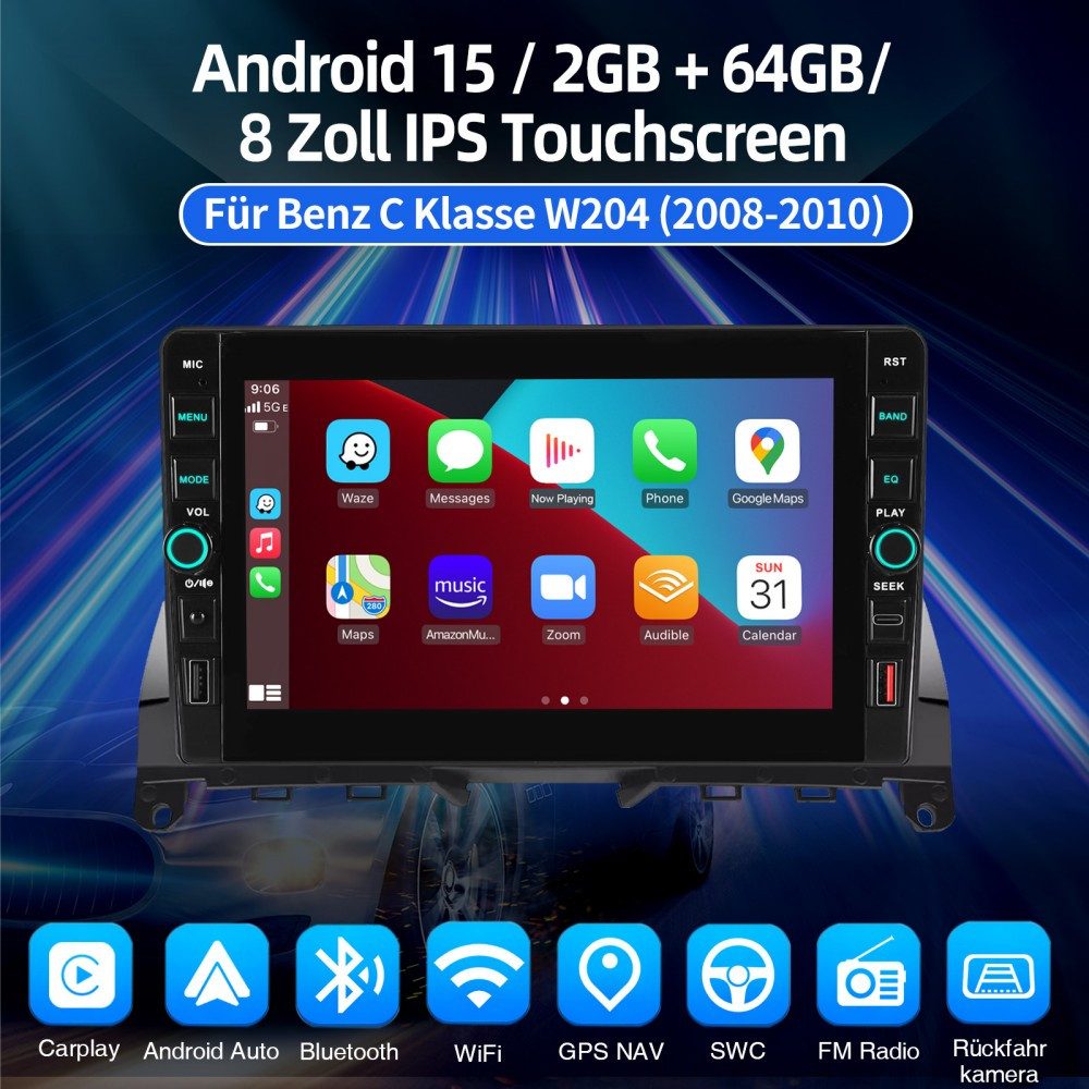 ESSGOO Für Mercedes Benz C-Klasse W204 S204 2008-2010 Android 15 Carplay Autoradio (RDS, Digitalradio (DAB), FM, AM)