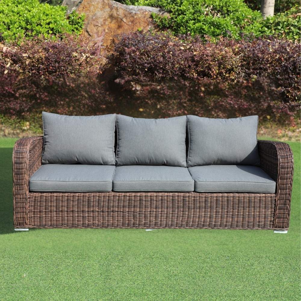 LebensWohnArt Loungesofa 3er Lounge Sofa VITA rundes Polyrattan Natural-Brown Gartenmöbel