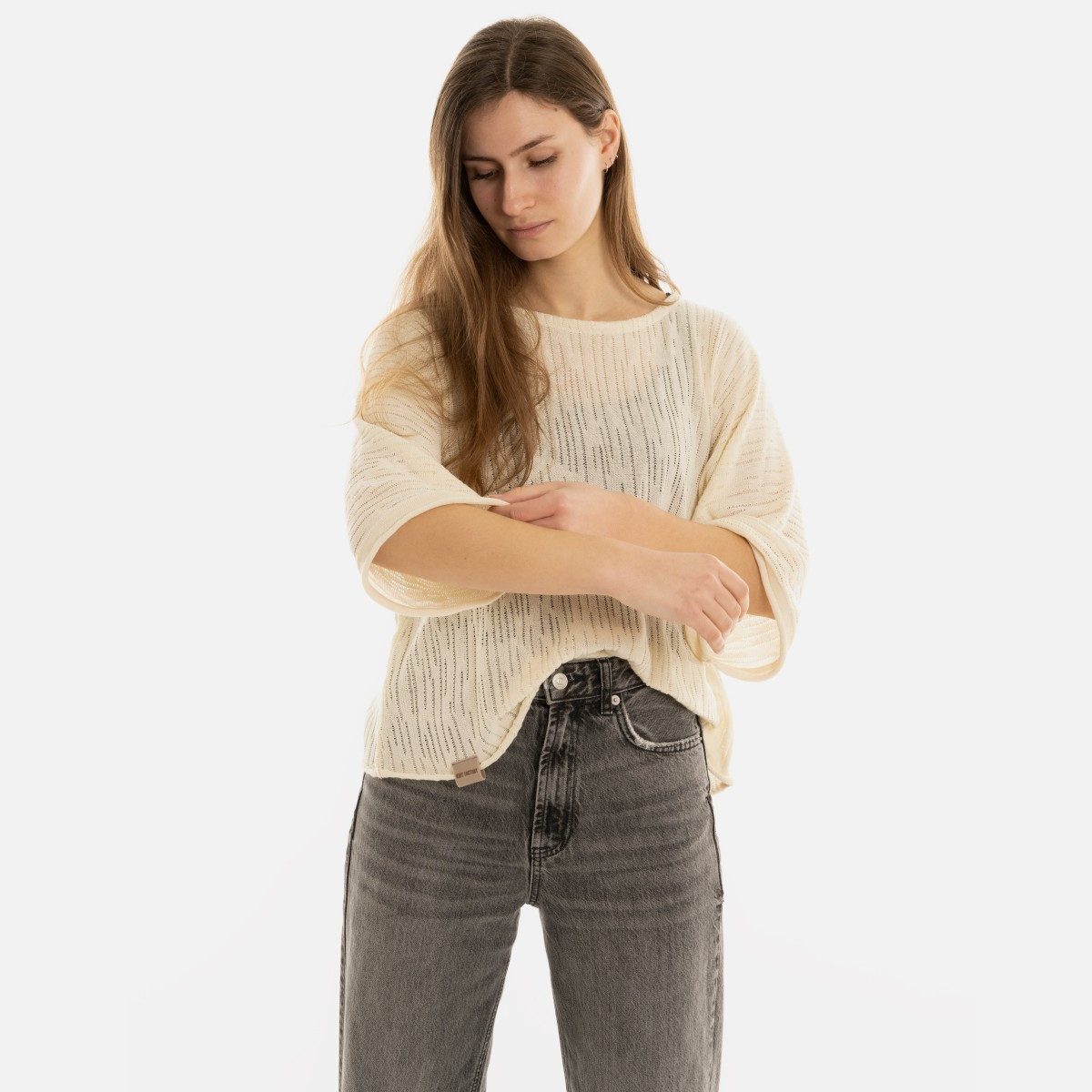 Knit Factory Strickpullover Jose Strickpullover Beige 36/42 Gestreift (Set, 1-tlg., Spar-Set) damen pullover strickpullover lang oversize sale Strick Winter herbst