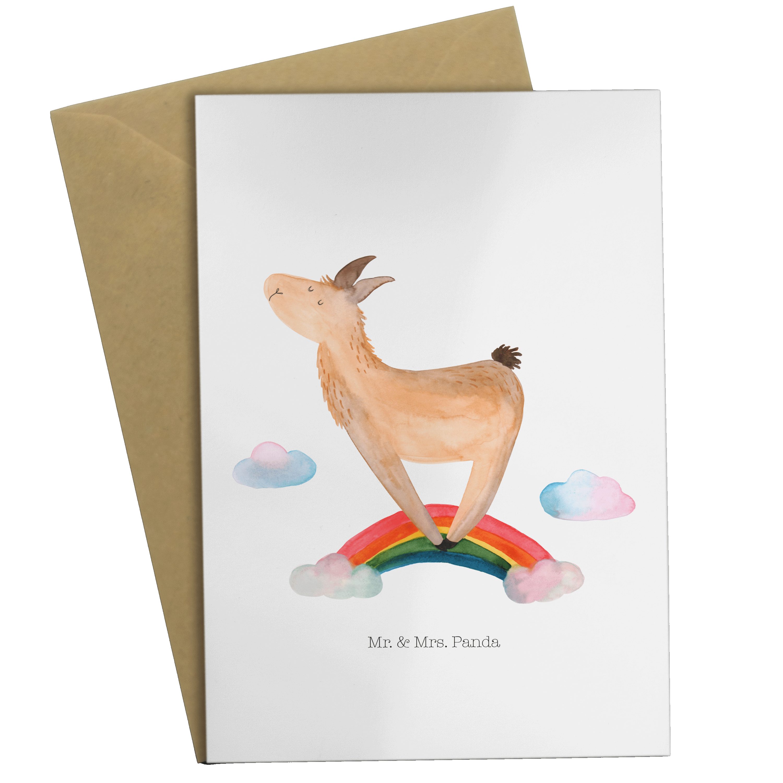 Lama & Grußkarte Regenbogen Weiß Geschenk, Einladungskarte, - Panda Glückwunschkarte Mrs. Mr. -