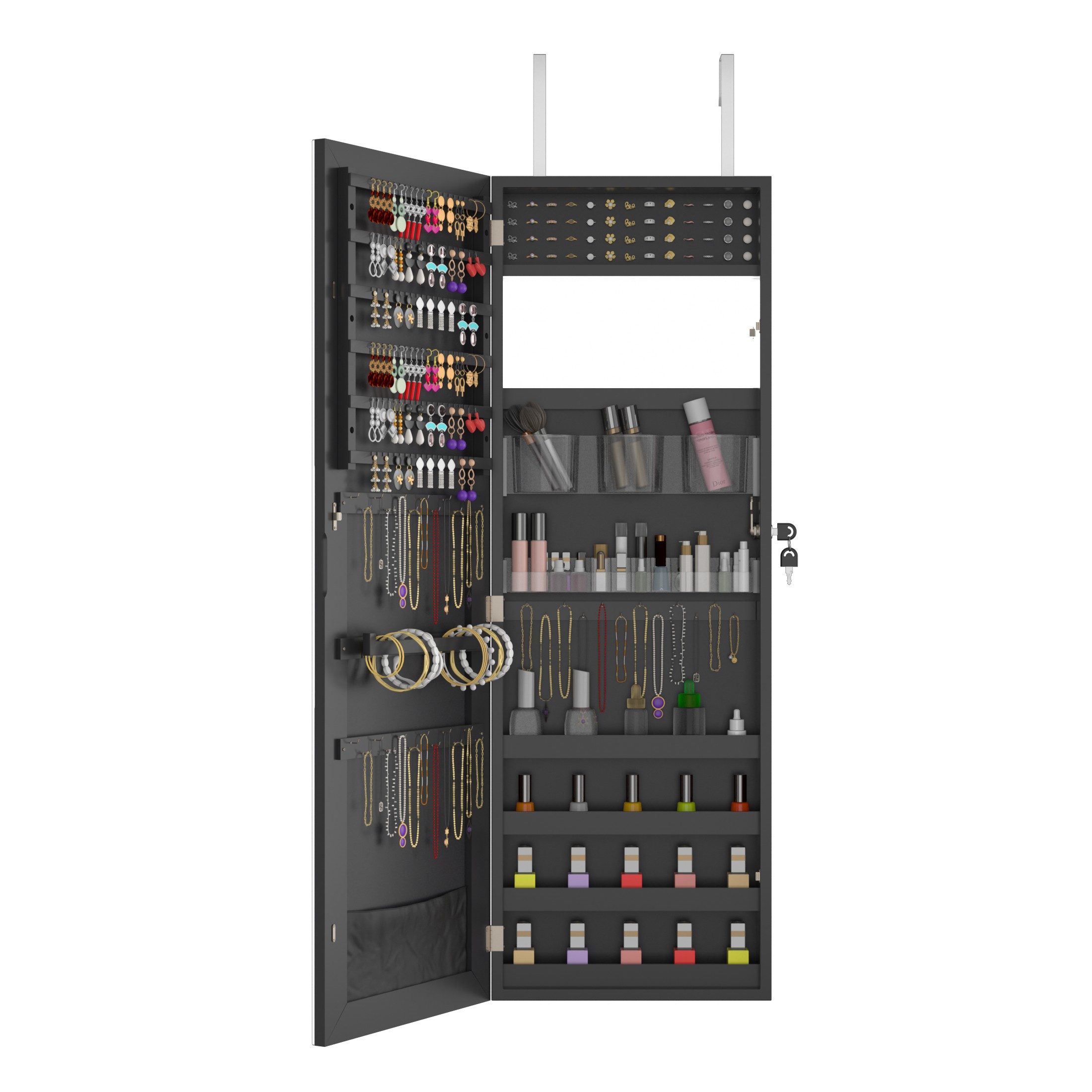 FIVMEN Schmuckschrank Spiegelschrank zur Aufhängen Hängend Abschließbar 2 in 1 Wandspiegel und Schmuck Organizer Wandmontage Weiß/Schwarz