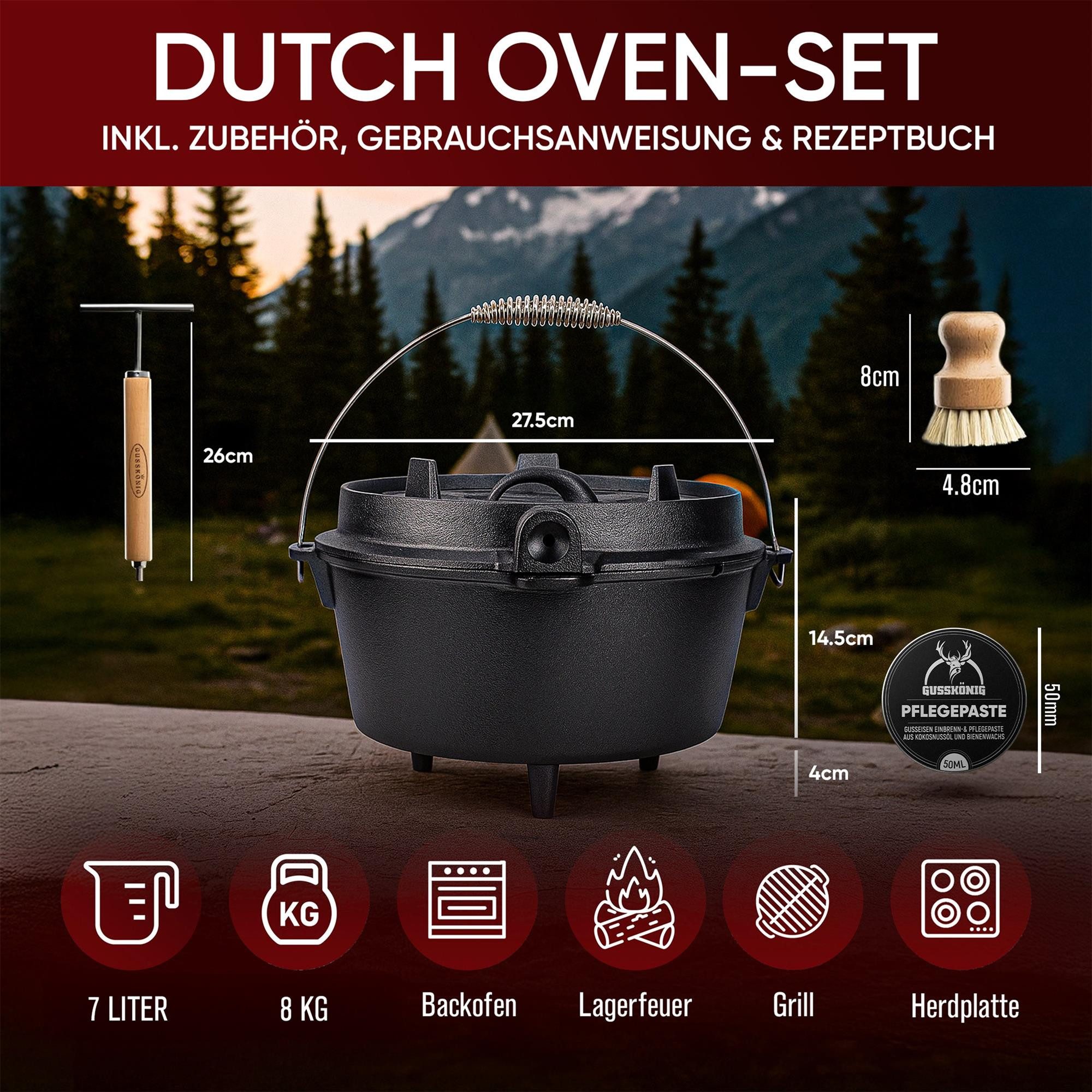 GUSSKÖNIG Grilltopf GUSSKÖNIG Dutch Oven Klassisch Topf mit Füßen 7Liter Set