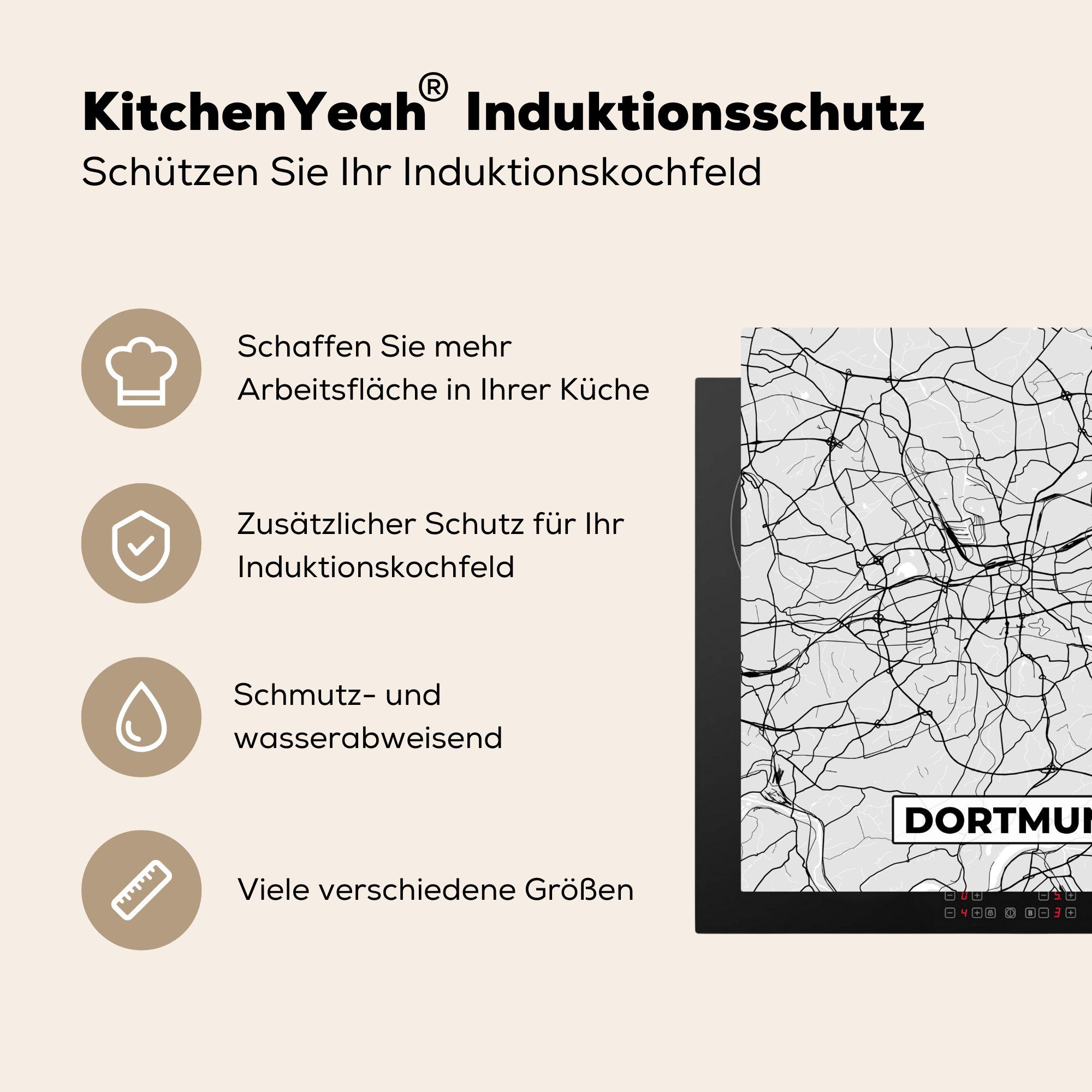 Herdblende-/Abdeckplatte Arbeitsplatte - MuchoWow - 78x78 Vinyl, Stadtplan tlg), - Ceranfeldabdeckung, Deutschland küche Dortmund, (1 cm, Karte für