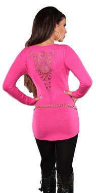 Koucla Strickkleid Mini Kleid Pullover pink mit Strass gold Nieten und Spitze Kreutz aus Strass und gold Nieten
