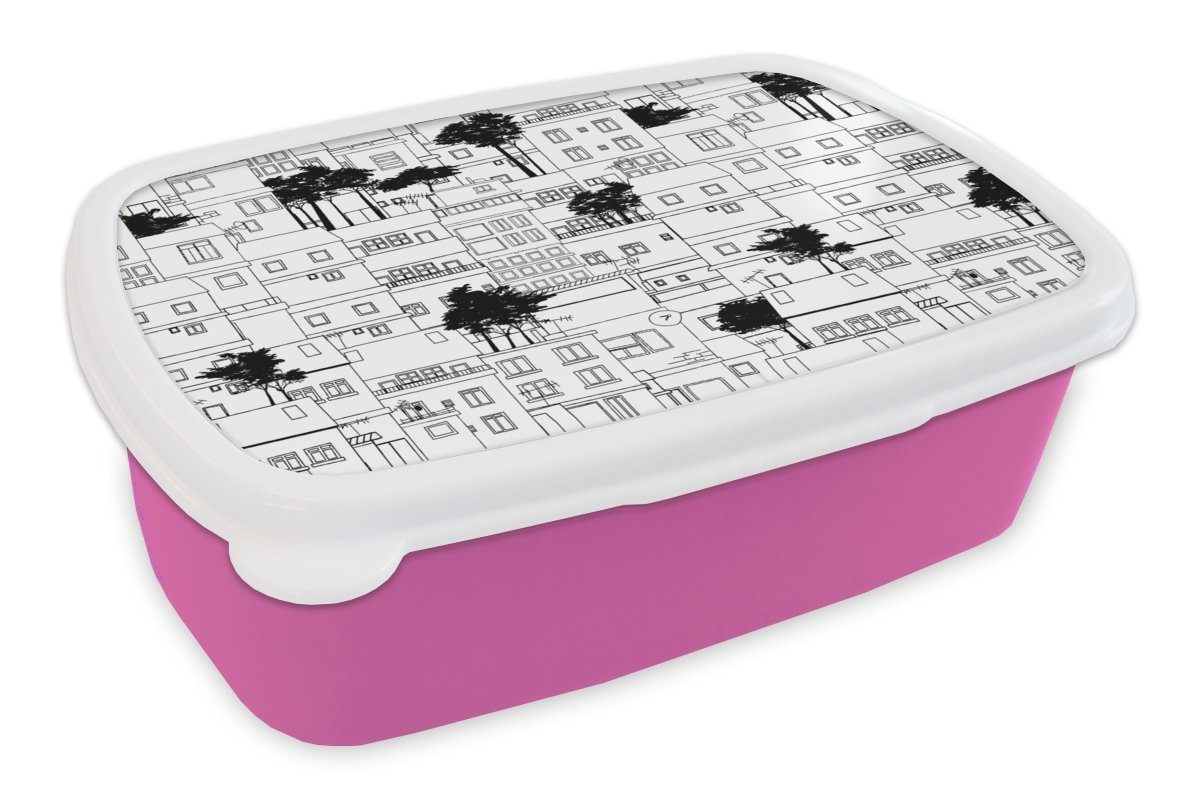 MuchoWow Lunchbox Muster - Bäume - Haus, Kunststoff, (2-tlg), Brotbox für Erwachsene, Brotdose Kinder, Snackbox, Mädchen, Kunststoff rosa