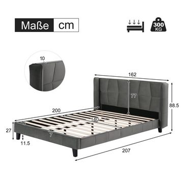 BlingBin Polsterbett Doppelbett Jugentbett Samt grau (1-tlg., mit Lattenrost und Kopfteil), 140×200cm, Tragfähigkeit 300kg