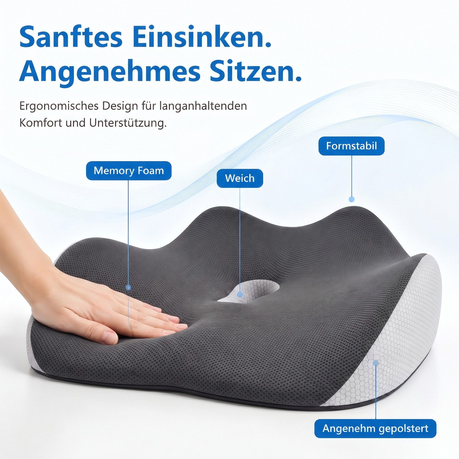 AIMAX Steißbeinkissen Hämorrhoiden Sitzkissen Orthopädisch Ergonomisch Multi-Stützkissen, Memory-Foam Sitzkissen für Bürostuhl, Auto & Zuhause, Rollstuhl, 1-tlg – Bild 4 von 5