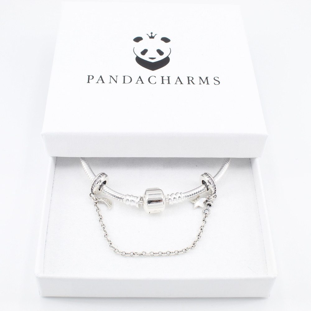 PANDACHARMS Bead Mond und Stern Sicherheitskette für Charm Armband, 925er Silber