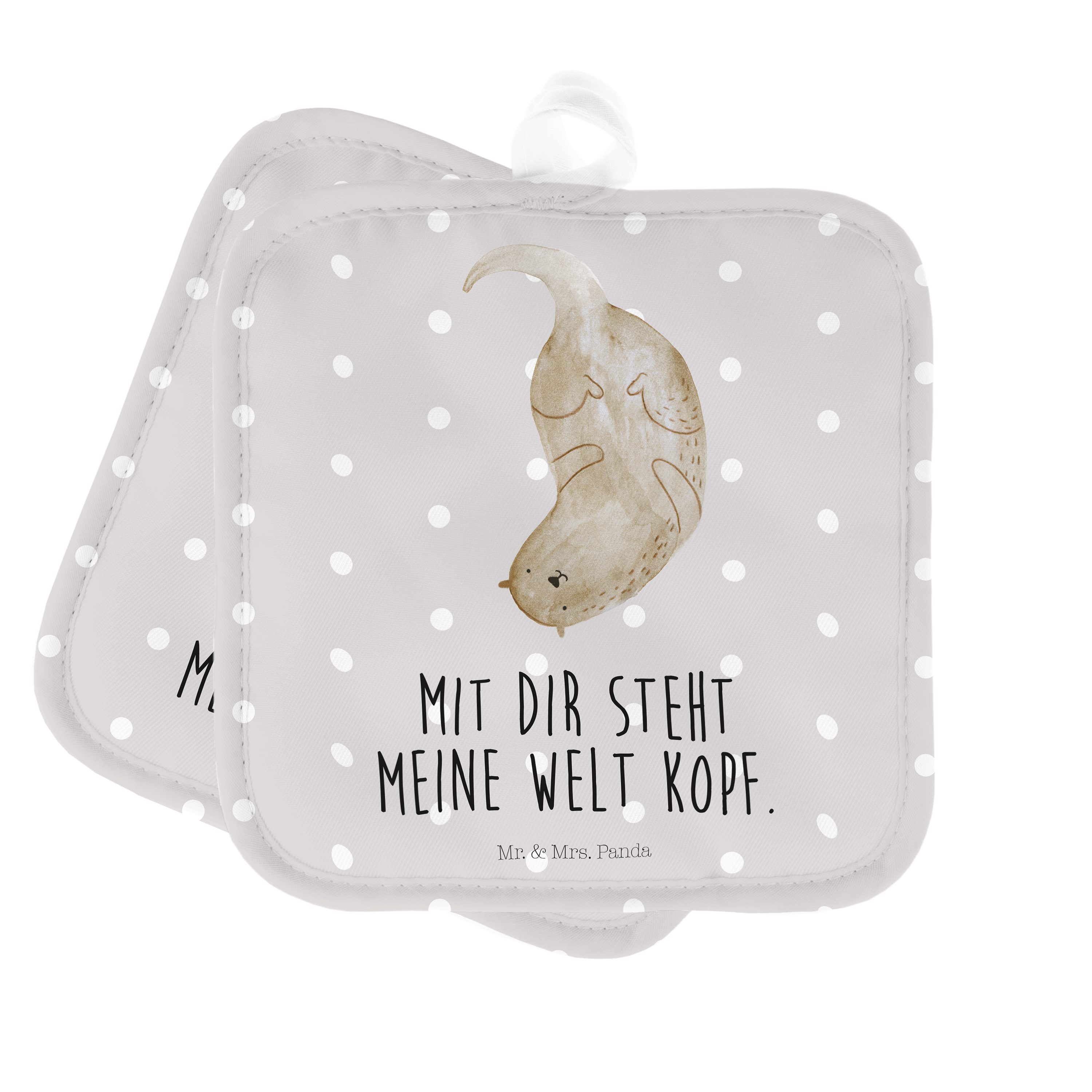 Mr. & Mrs. Panda Topflappen Otter kopfüber - Grau Pastell - Geschenk, Ofenhandschuh, Topflappen, (1-tlg)