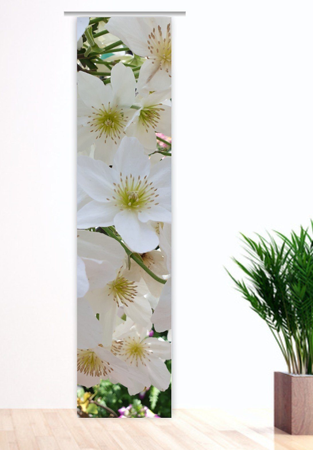 waschbar sehr Weiße Flächenvorhang Sublimationsdruck Blüten, tollem Digitaldruck, !, Schiebegardine mit Motiv, haltbar gardinen-for-life, -