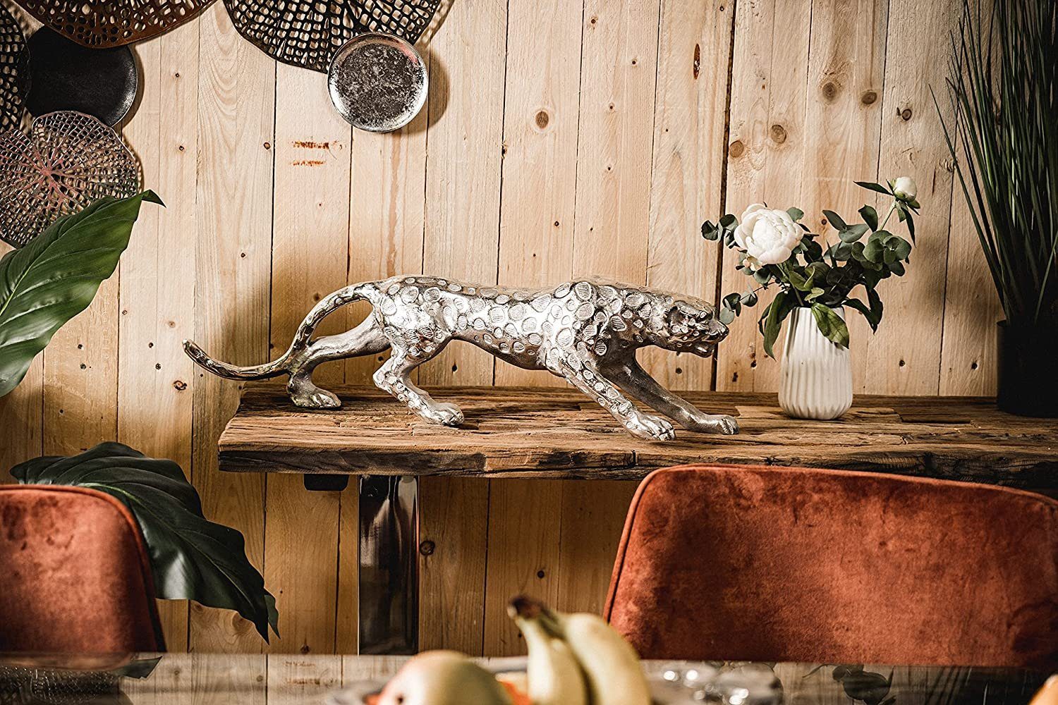 MichaelNoll Dekofigur Leopard Raubkatze Wohnzimmer, oder Figur Schlafzimmer, Skulptur - cm, Katze Büro - Dekoration Silber 48 Für Metall Aluminium 40 Deko cm Modern cm 78 Dekofigur - aus