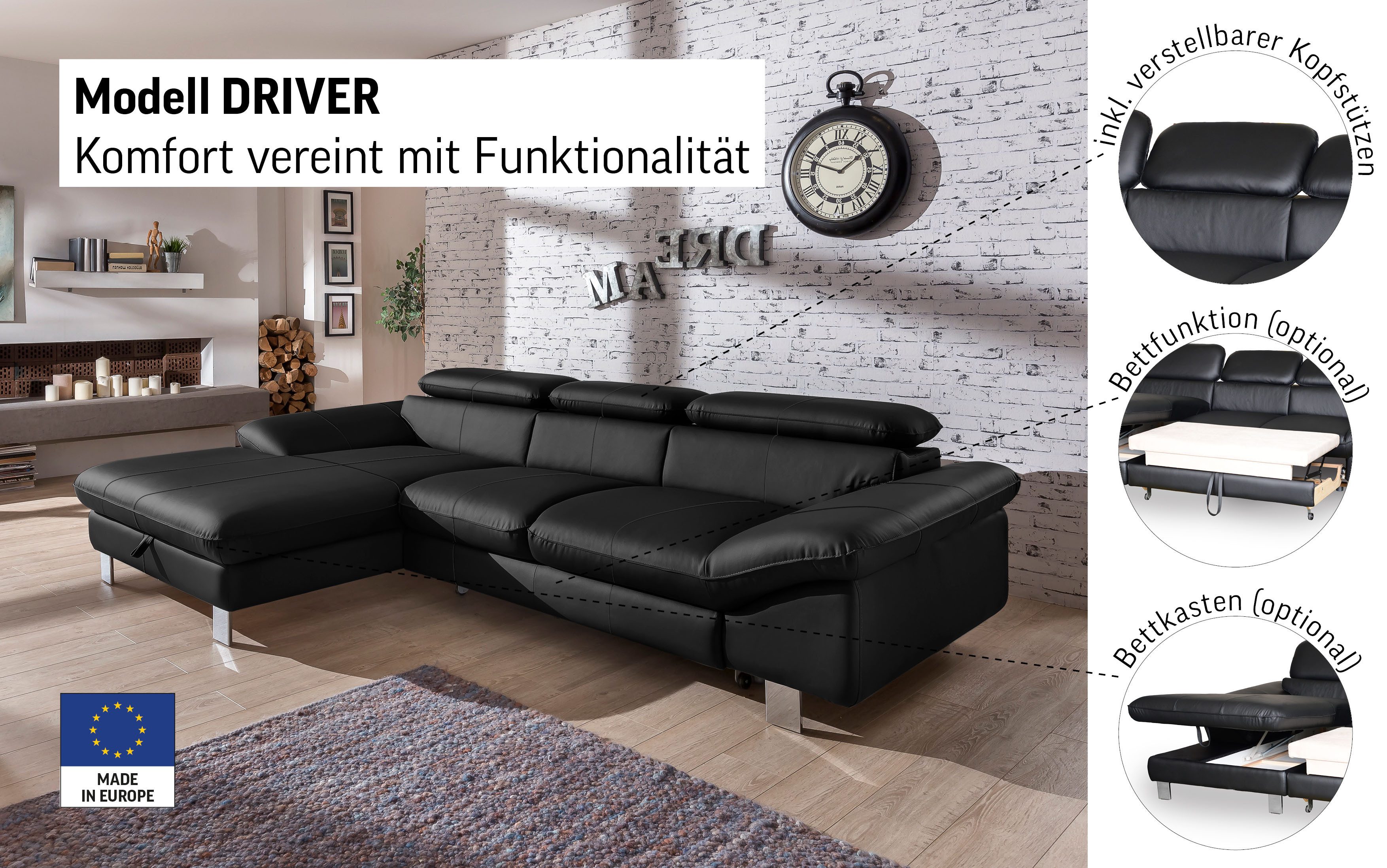 COTTA Ecksofa Driver L-Form, B: 268 cm, Kopfteilverstellung, optional Schlaffunktion & Bettkasten