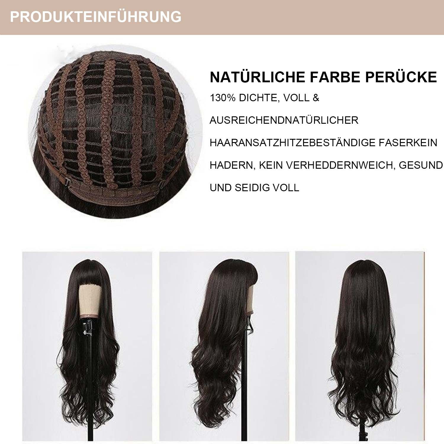 Refttenw Kunsthaarperücke Synthetikhaar 75cm Lange Gewellte Perücken mit Pony für Frauen, Braun Große Gewellte Perücken