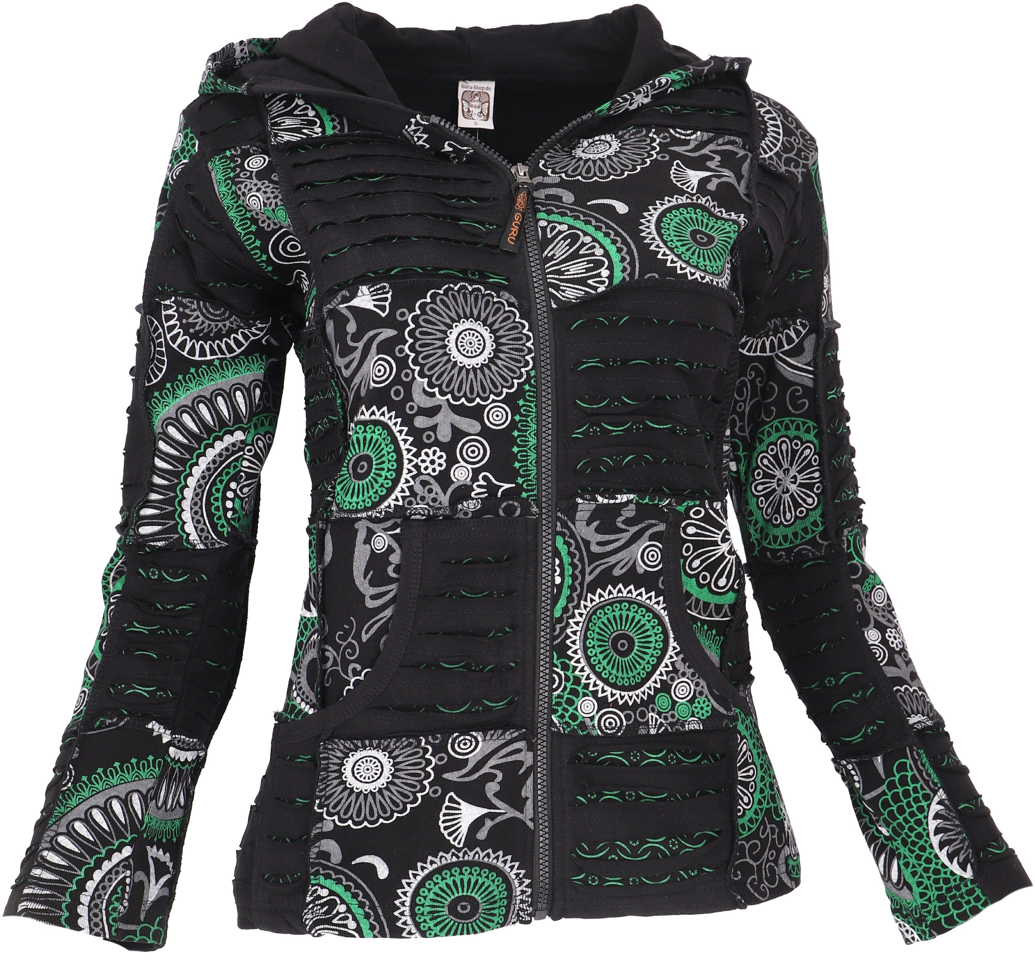 Guru-Shop Langjacke Goa Patchwork Jacke, Boho Kapuzenjacke, Ethno.. alternative Bekleidung schwarz/grün