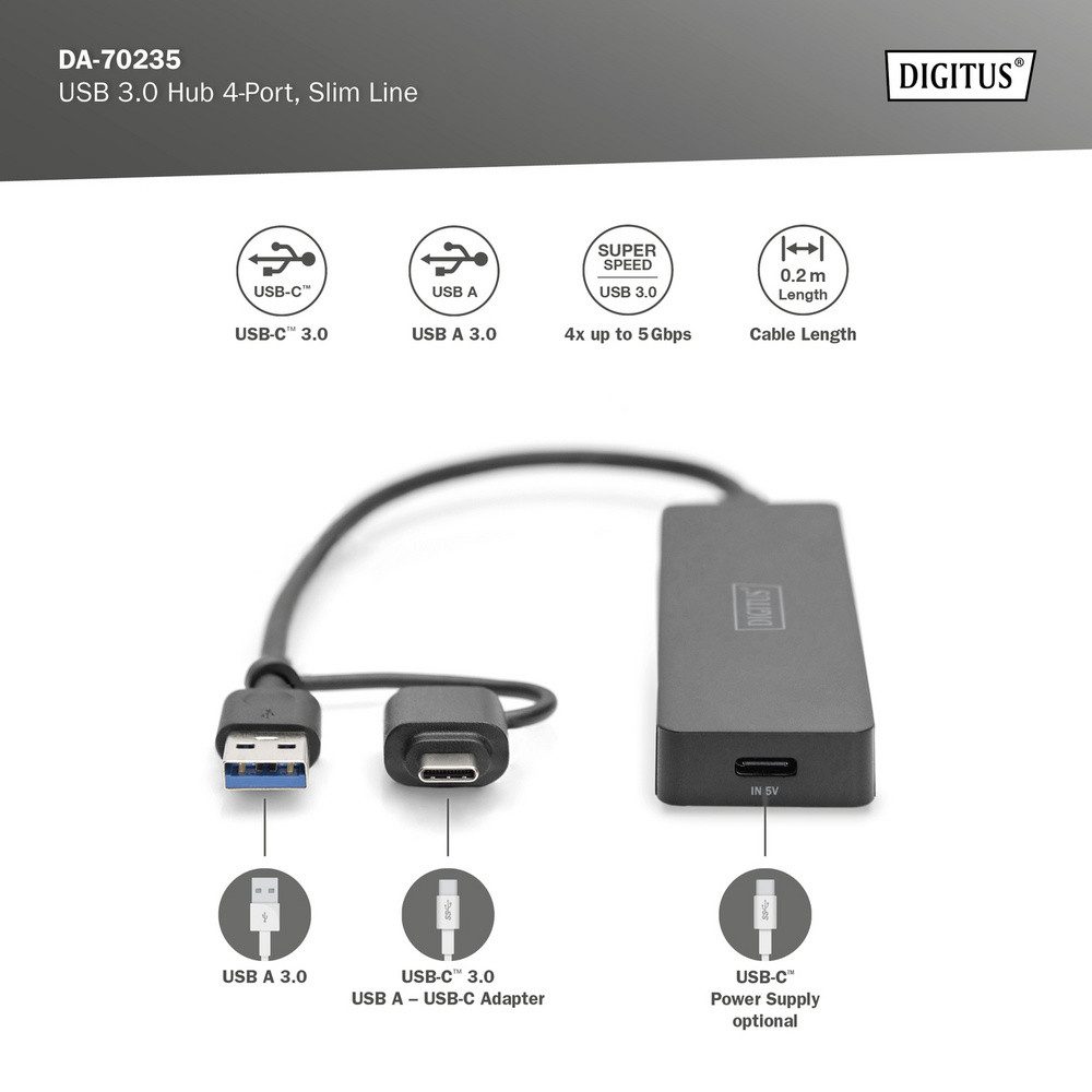 Digitus USB-Verteiler Digitus DA-70235 USB-Hub 4 Port USB-A USB 3.0 5 GBit/s mit USB-C® Stec