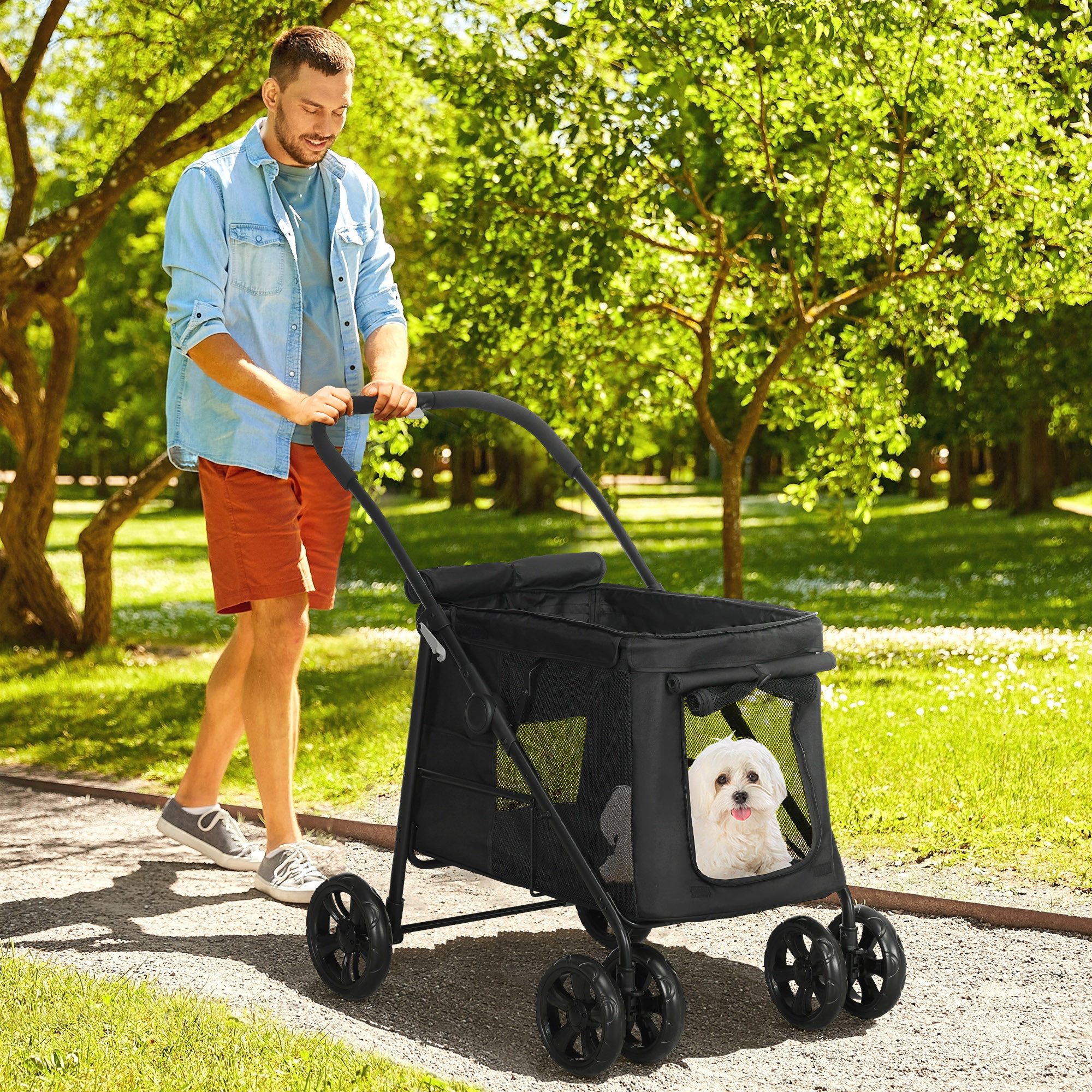 PawHut Hundebuggy Hundewagen, Katzenbuggy, mit Seitentaschen, Netzfenster, (Hundetrolley, 1-tlg), für kleine und mittelgroße Hunde bis 20 kg, Oxford-Gewebe, Schwarz