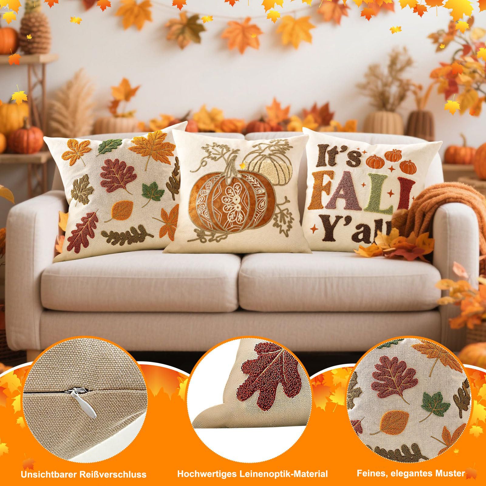 Sorvyzxn Kissenbezug 45x45 cm Herbstdeko, Kissenhülle mit 3D-Stickerei und Leinenoptik, (2 Stück), Ahornblatt Muster, Dekokissen Bezug für Sofa Wohnzimmer Schla – Bild 3 von 5