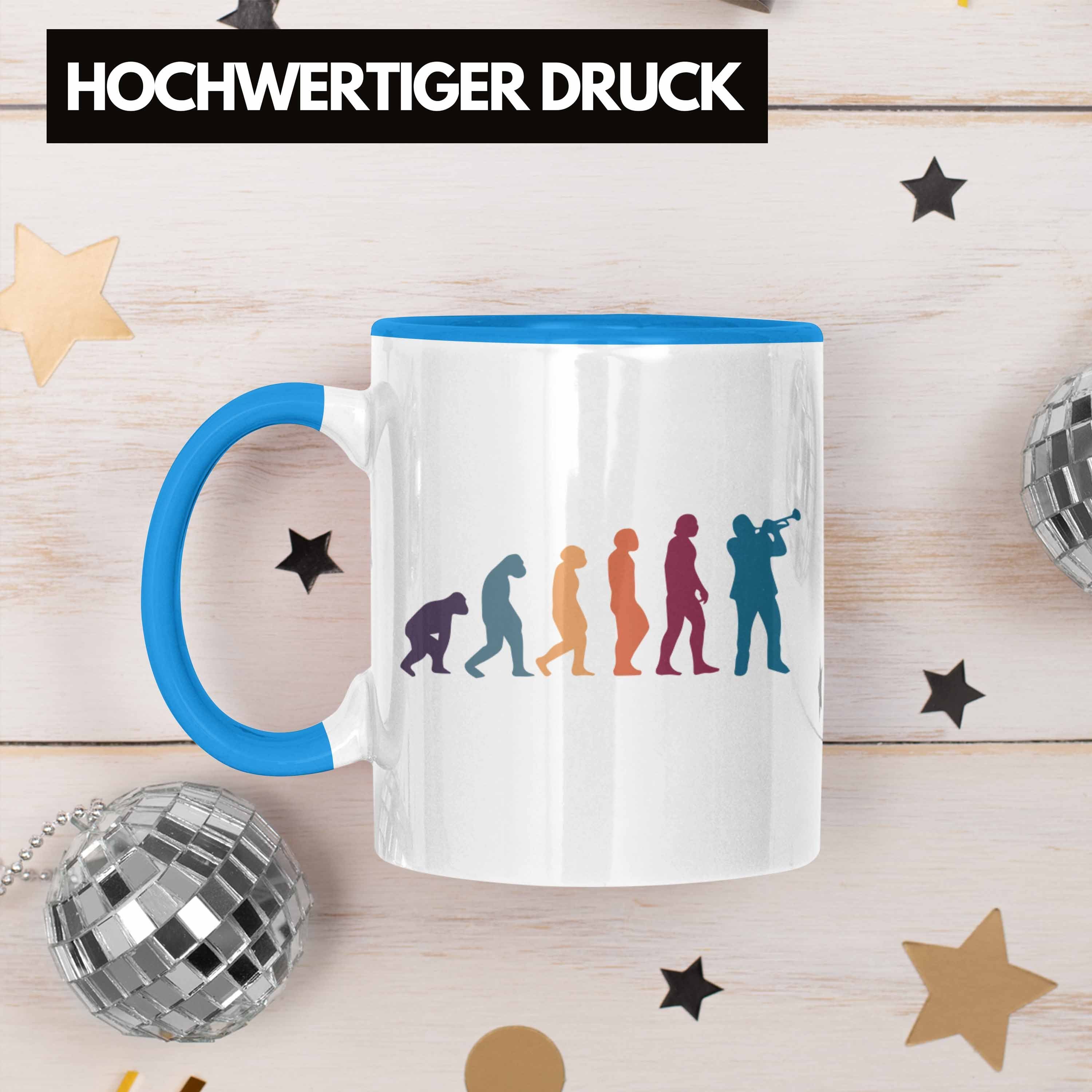 Kaffeebecher Posaune Tasse Evolution Posaunist Trendation Blau Geschenk Tasse Geschenkidee