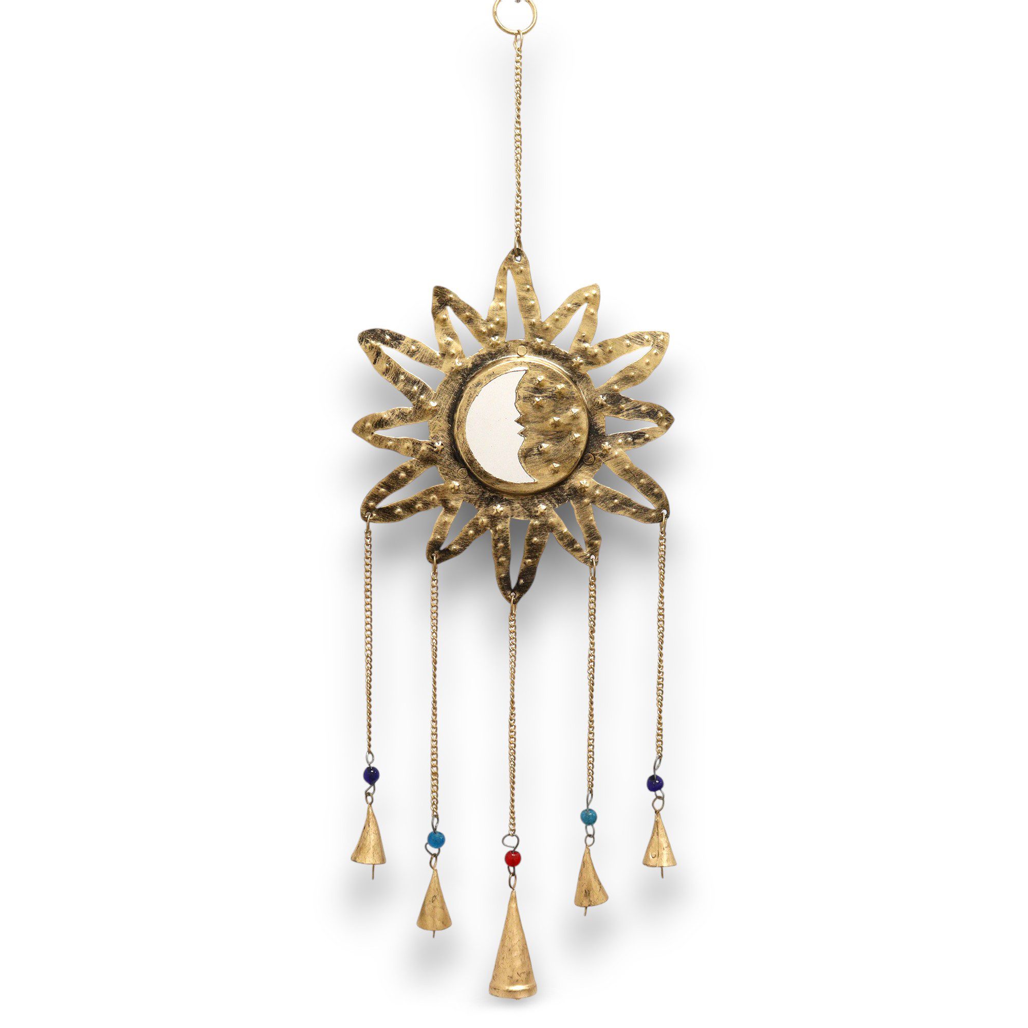 Bali-Homedecor Windspiel Indisches Windspiel - Sonne Mond Kleiner Spiegel 5 Glocken - 12x65cm
