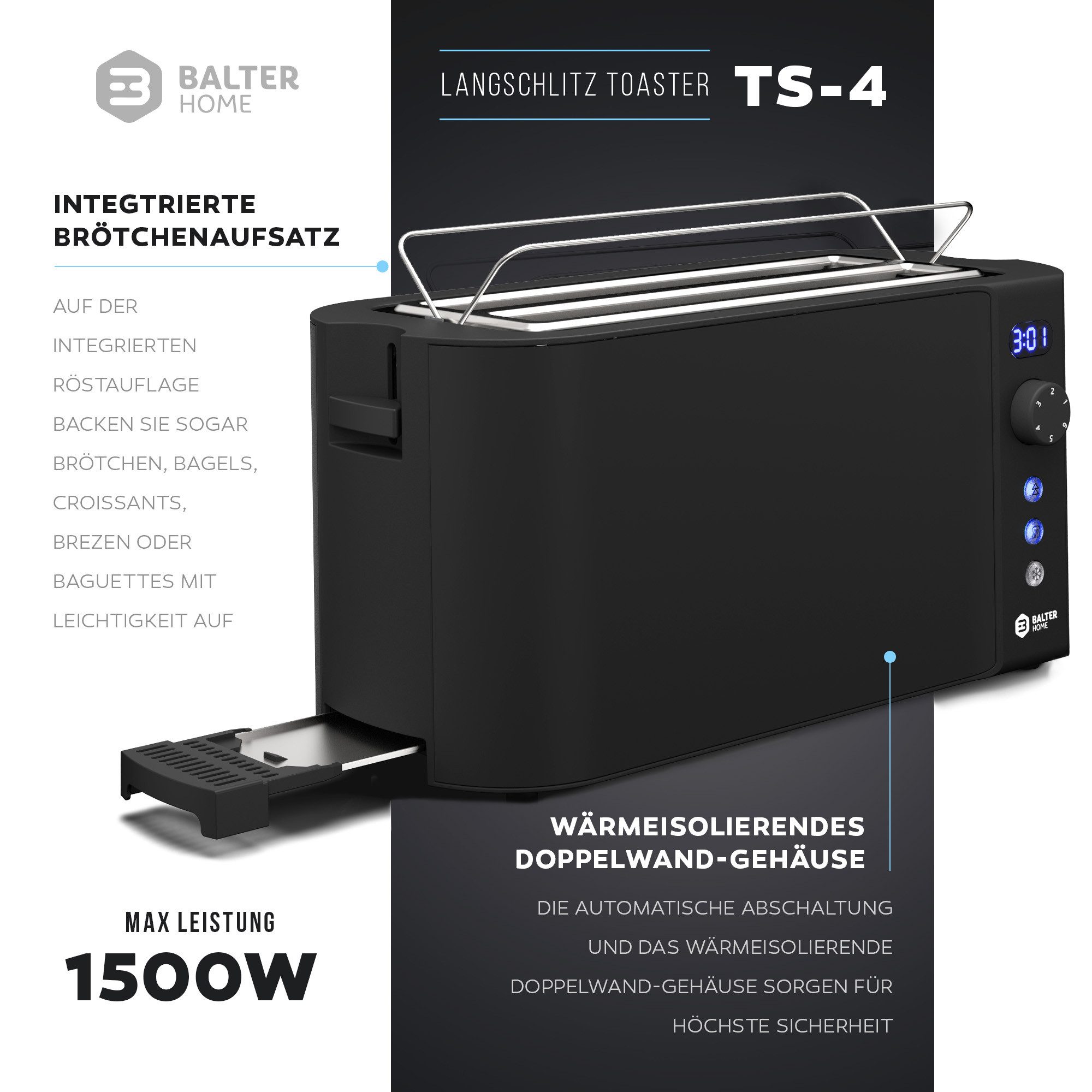 Balter Toaster Toaster TS-04-LCD Edehlstahl Schwarz, Langschlitz, für bis 4 Scheiben, 1500 W, LCD Anzeige