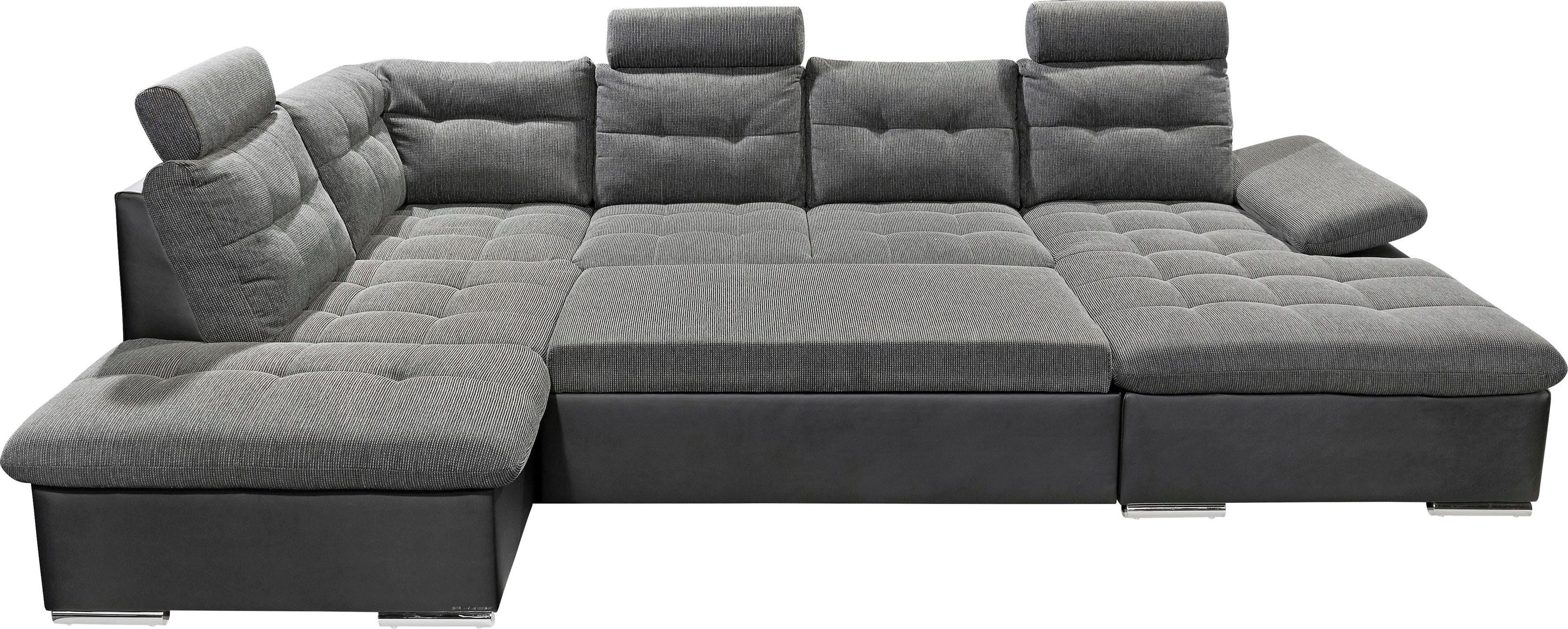 ED EXCITING DESIGN Wohnlandschaft Jakarta U-Form mit Bettfunktion, Bettkasten, Armteilverstellung, Kopfstützen & 3 Nierenkissen