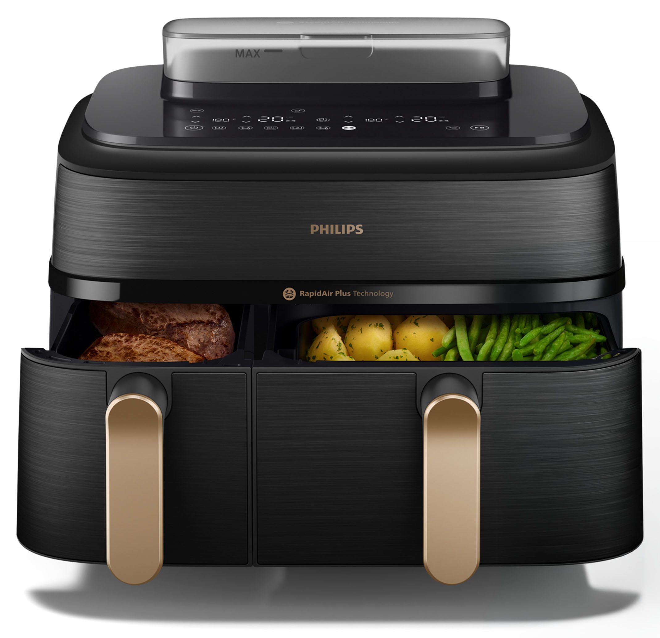 Philips Heißluftfritteuse NA552/00 Steam Airfryer 5000 Series Dual Basket 9L Kapazität (3L+6L), 2750 W, mit Dampfgar-Funktion; Silber/Edelstahl