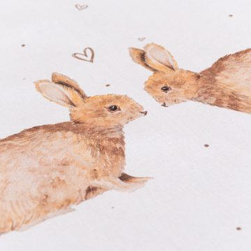 Clayre & Eef Tischdecke Mitteldecke Kaninchen Herzen aus Baumwolle weiß braun beige 100x100cm, Kuvertsaum