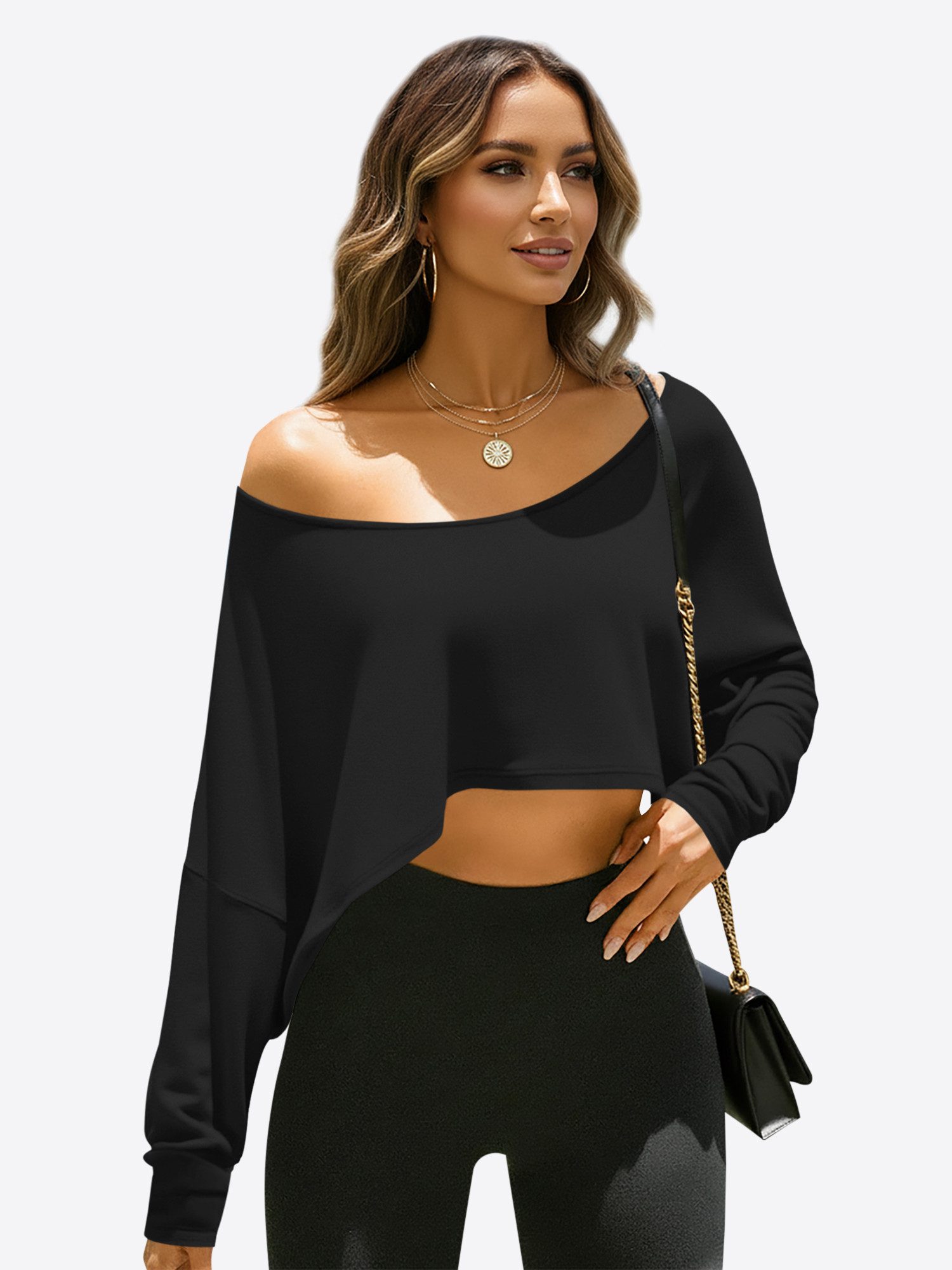 Imily Bela T-Shirt Damen Schulterfrei Kurzbluse (Packung, 1-tlg., 1per-Pack) Fledermausärmel