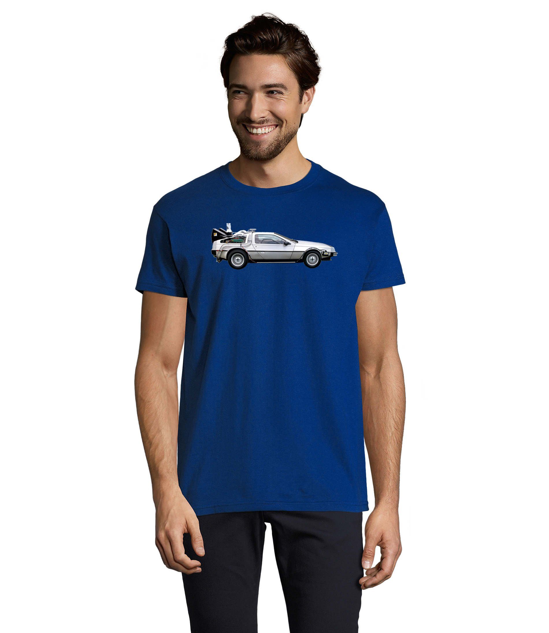 Blondie & Brownie T-Shirt Herren Delorean Auto Zukunftsreise Zukunft Zeitmaschine Blau