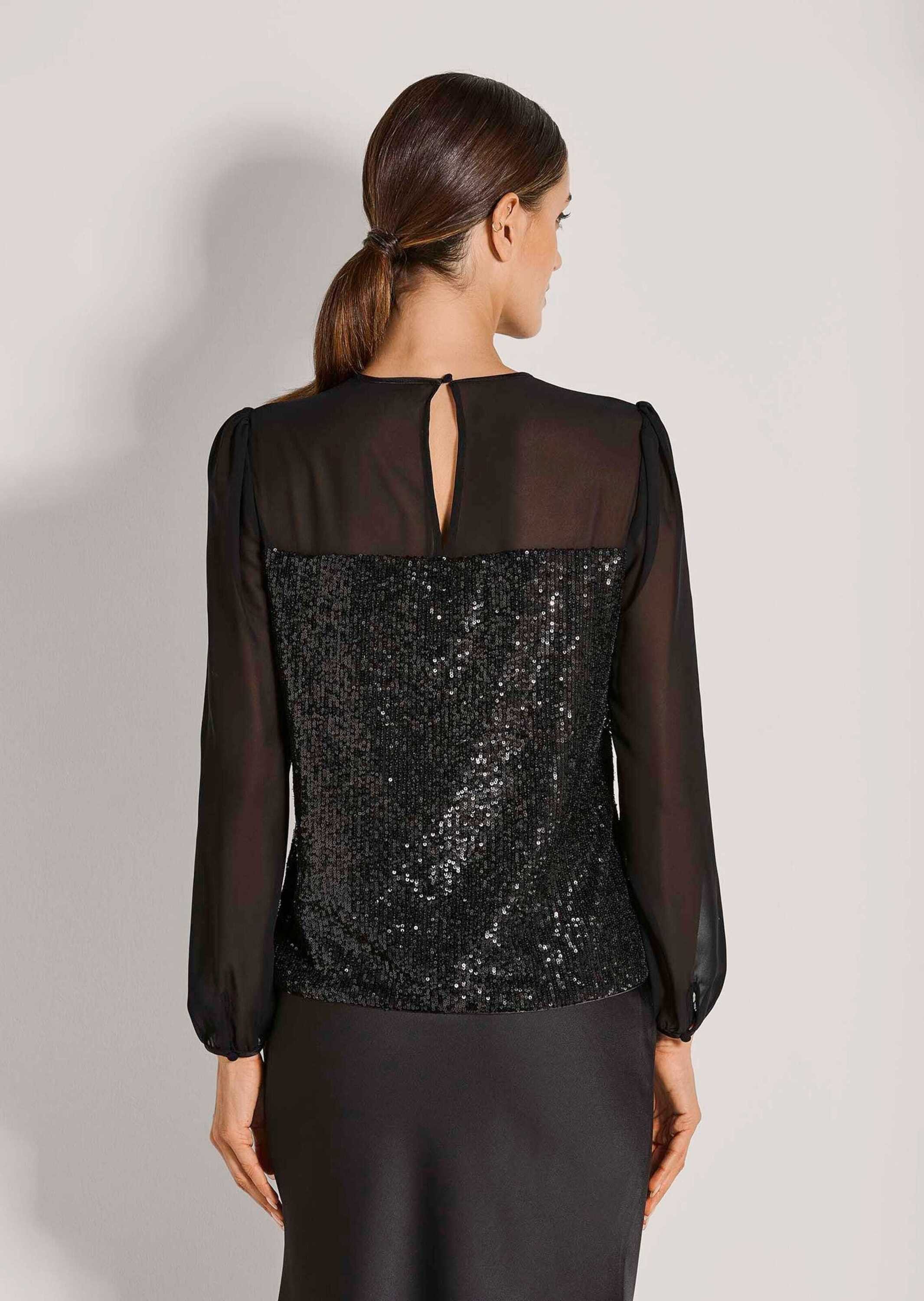 MADELEINE Langarmbluse Glamouröse Paillettenbluse für Events Elegante Bluse mit Pailletten, Satin-Details und langen Ärmeln