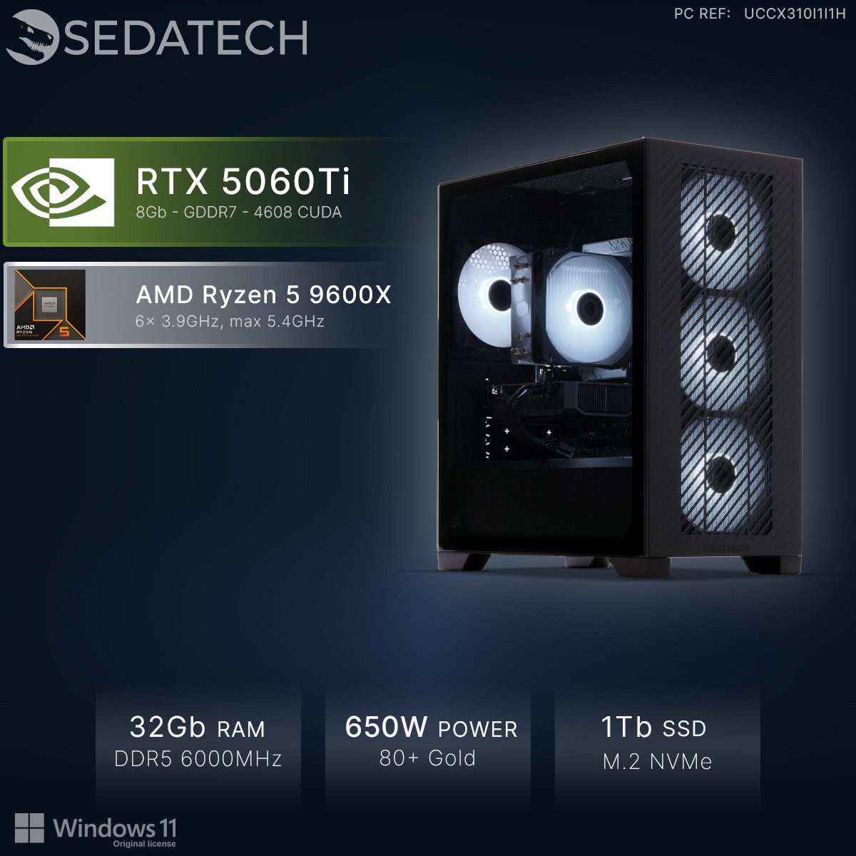 Sedatech UCCX310I1I1HF - Gaming-PC (AMD Ryzen 5 9600X 6x 3.9GHz (max 5.4GHz), Geforce RTX5060Ti 8GB, 32 GB RAM, 1000 GB SSD, Wlan 6E)