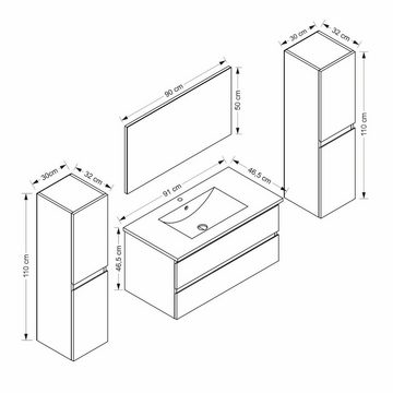 Homeline Badmöbel-Set Cobra 90 cm Badmöbel set Marmor Optik Badmöbel 6 Tlg, (Badmöbel Set Schwarz / Weiss Marmor optik Hochglanz Badezimmermöbel 6 Teilg Leonard 90 cm, 6-St., 6-Teilig), Keramik Becken