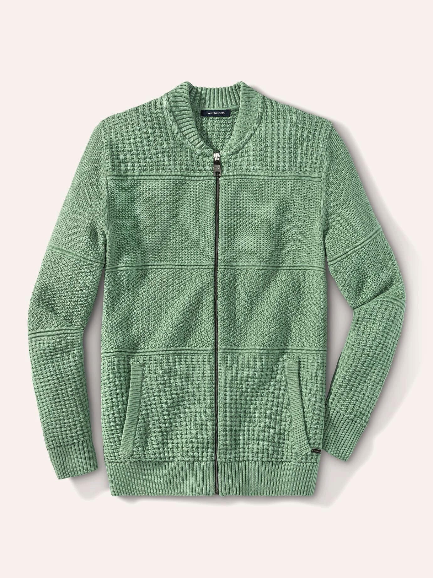 Walbusch Strickjacke Herren Strickjacke aus Baumwolle im Strukturmix mit Zip College-Kragen Cardigan, pflegeleicht, 2 Eingrifftaschen, weicher Griff