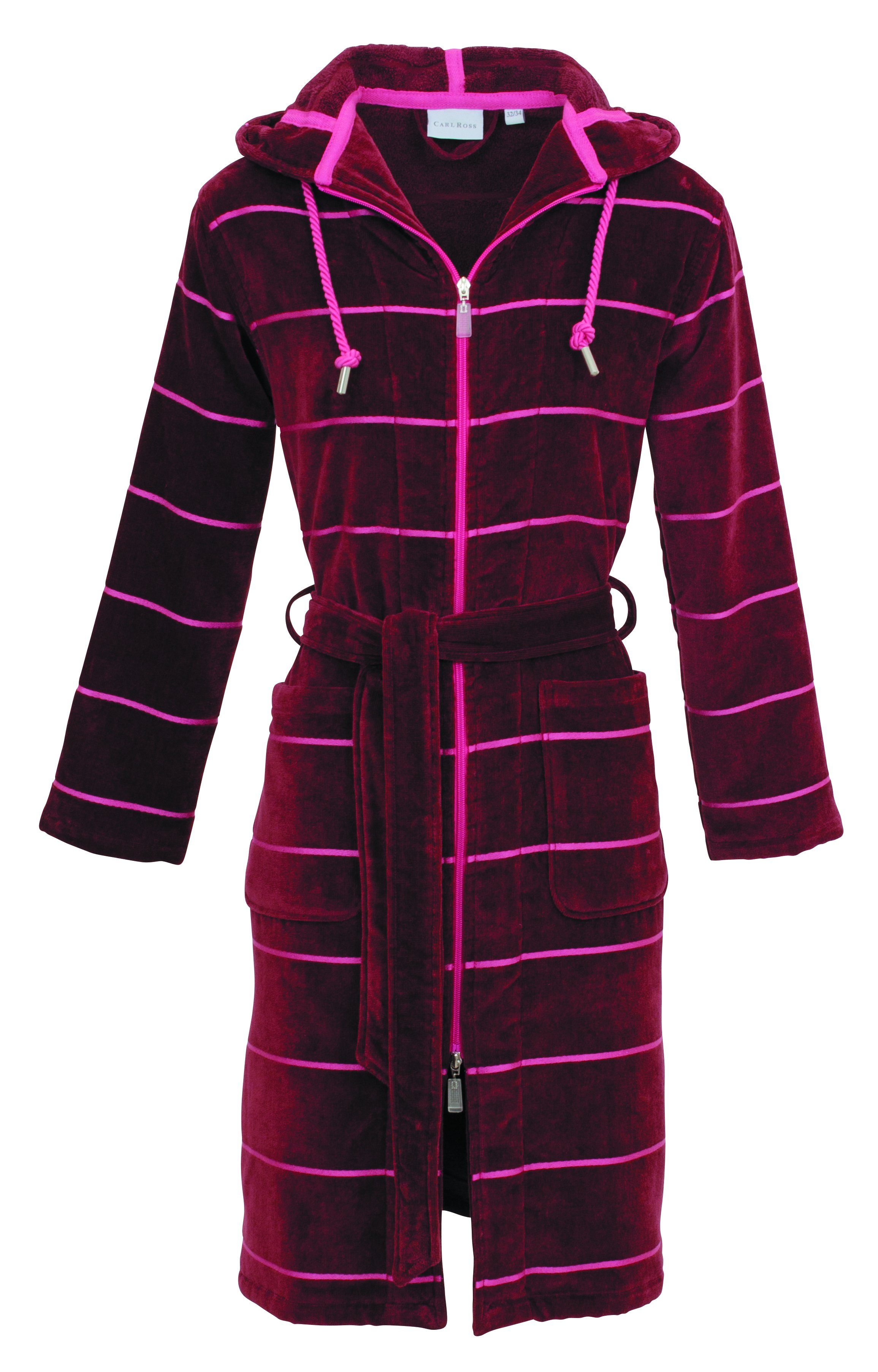 Carl Ross Damenbademantel 522410, Midilänge, Velours, Kapuze, 2-Wege Reißverschluss burgundy/pink | Damen Bademäntel