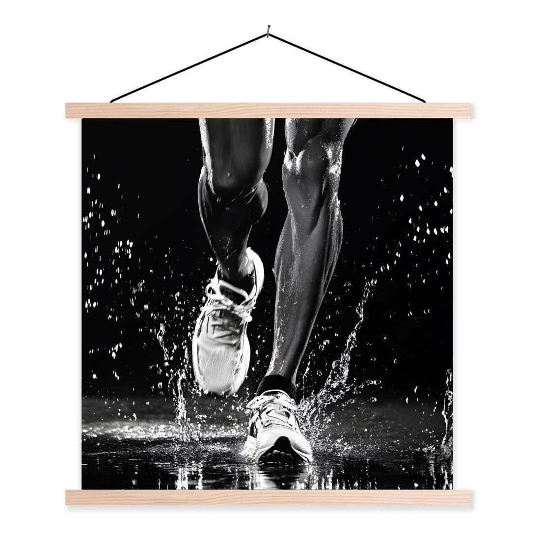 MuchoWow Poster Laufschuhe - Laufen - Drops - Schwarz, (1 St), Posterleiste, Textilposter für Wohnzimmer, Bilderleiste, 90x90 cm