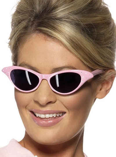 Smiffys Kostüm Rockabilly Cateye Brille pink, 50er Jahre Sonnenbrille mit Strasssteinchen