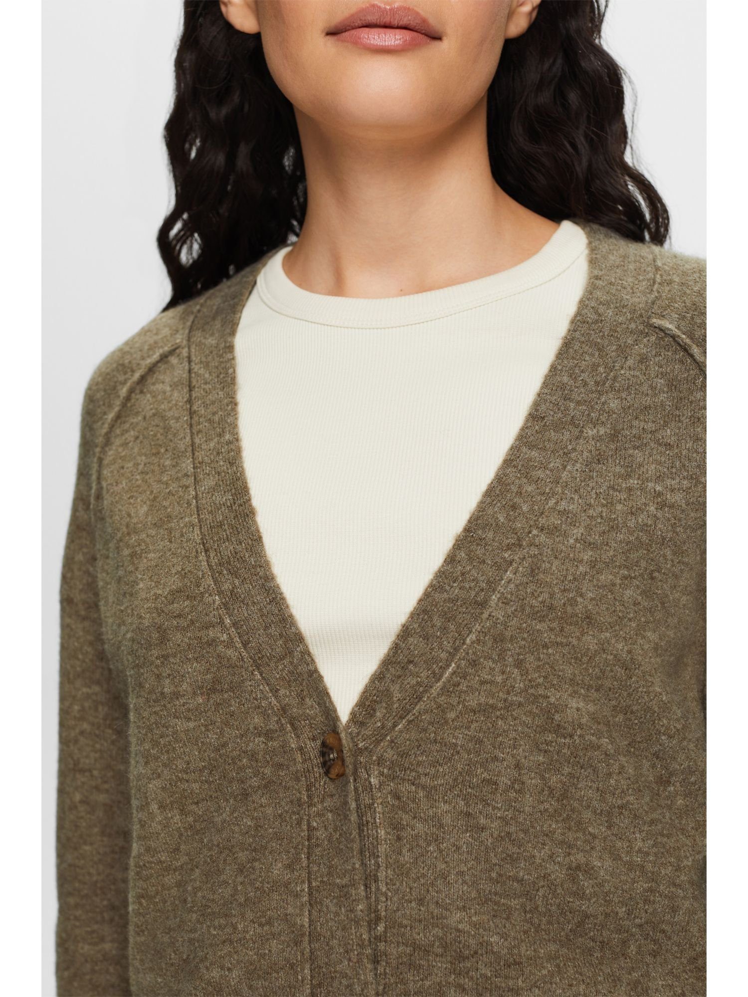 V-Ausschnitt, KHAKI Esprit Wollmix mit Geknöpfter Strickjacke Cardigan GREEN (1-tlg)